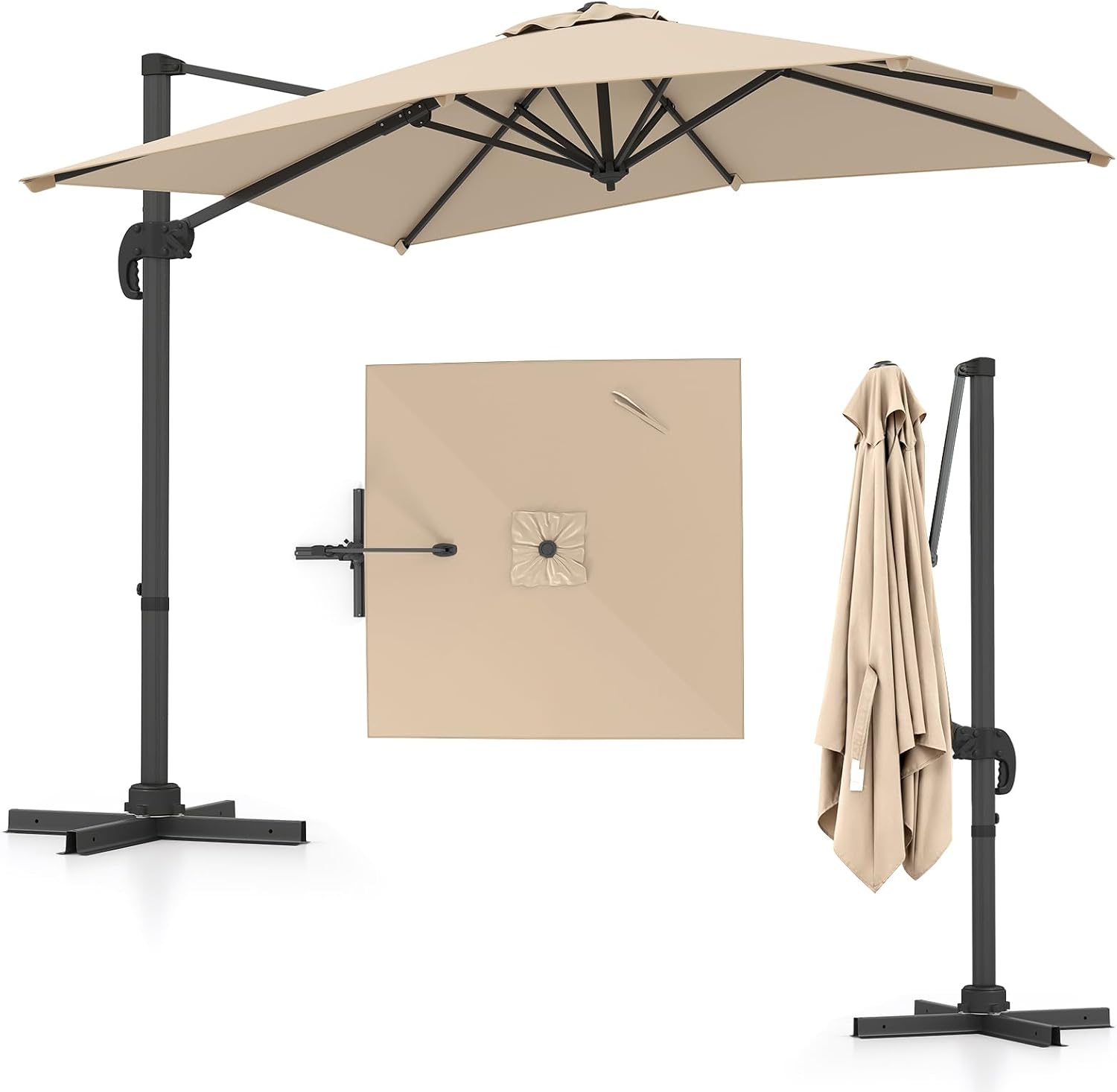 COSTWAY Parasol przeciwsłoneczny, prostokątny, 300 x 300 cm, duży parasol przeciwsłoneczny z korbą, parasol ogrodowy, odchylany o 360°, parasol tarasowy, do ogrodu, na taras, balkon (czarny)