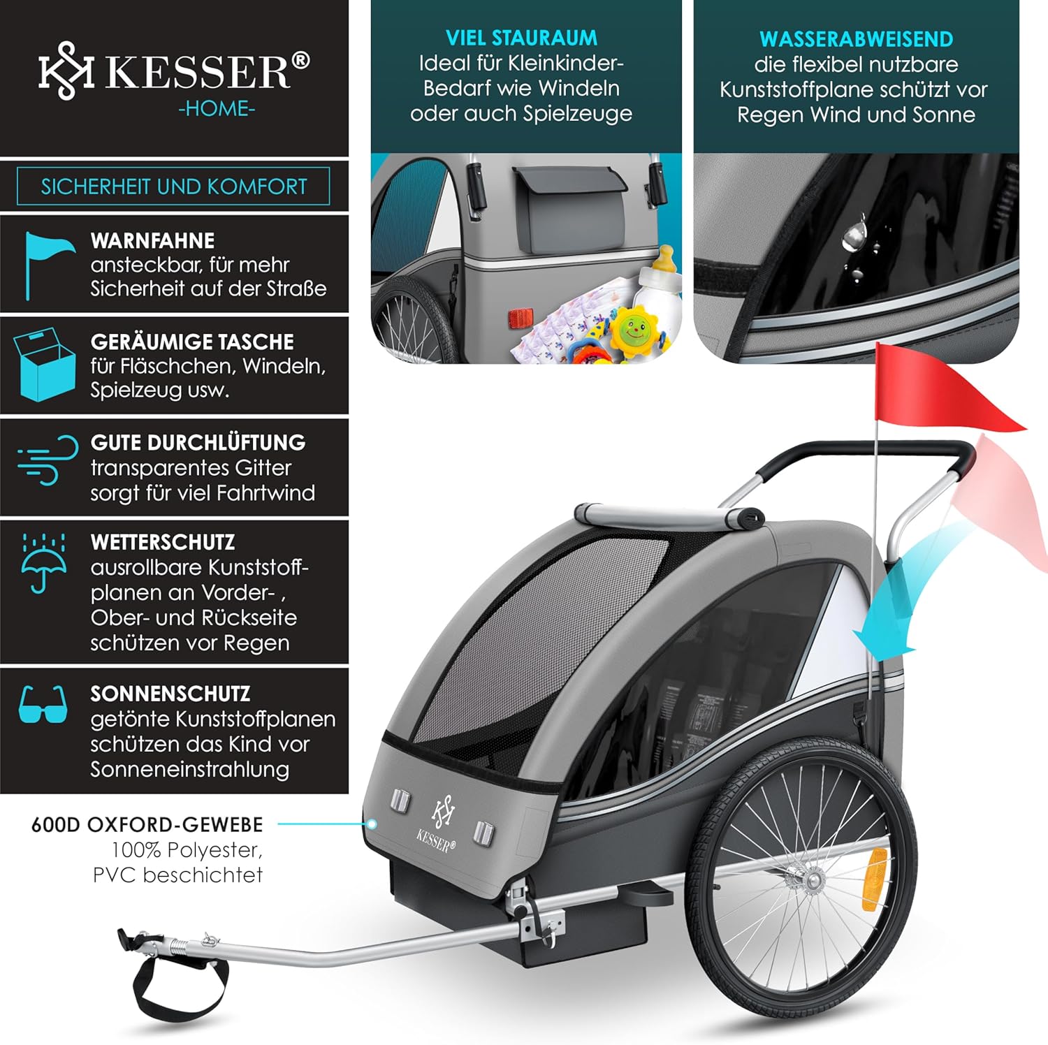 KESSER® Przyczepka rowerowa dla dzieci Sport-RX 2w1 z funkcją jazdy Przyczepka rowerowa dla dzieci + 5-punktowy pas bezpieczeństwa 360°