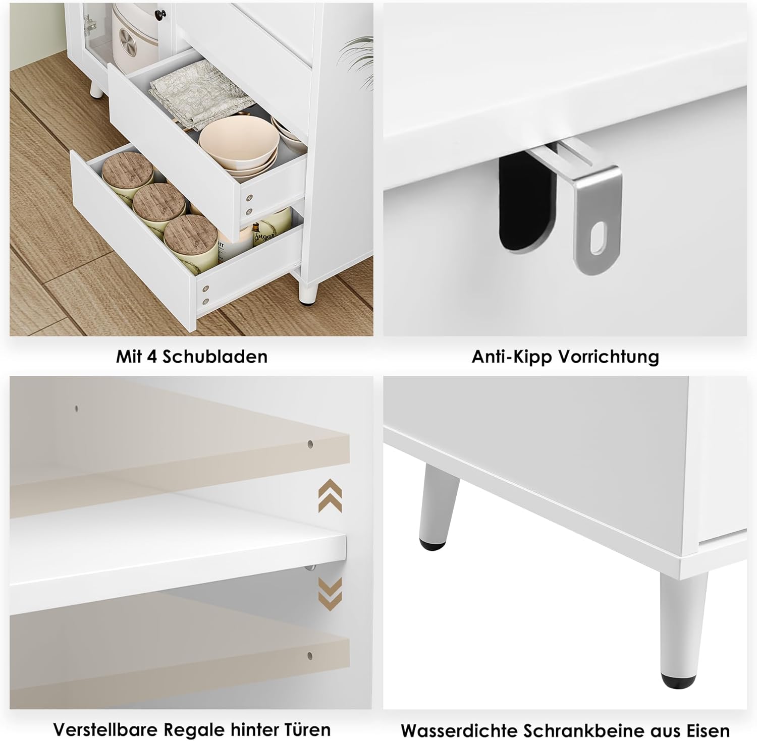 FOREHILL Szafka kuchenna, wysoka szafka, szafka bufetowa ze szklanymi drzwiami, blat roboczy, 4 szuflady, uniwersalna szafka do kuchni, jadalni, salonu, 80 x 40 x 180 cm, biała, M172