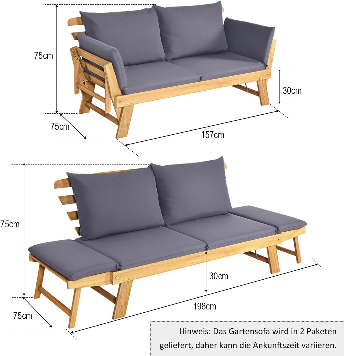 COSTWAY Ławka ogrodowa z funkcją leżenia, sofa ogrodowa z poduszkami i składanym podłokietnikiem, ławka balkonowa z drewna akacjowego, sofa balkonowa, sofa ogrodowa do ogrodu, na taras, balkon, 198 x