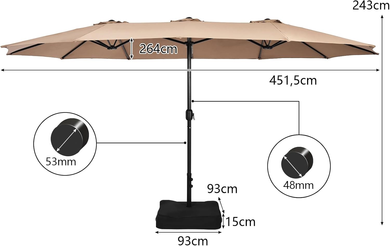 COSTWAY Parasol przeciwsłoneczny, prostokątny, 300 x 300 cm, duży parasol przeciwsłoneczny z korbą, parasol ogrodowy, odchylany o 360°, parasol tarasowy, do ogrodu, na taras, balkon (czarny)