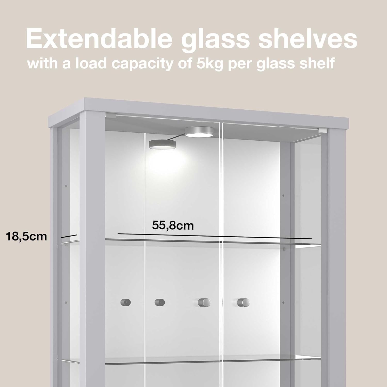 K-Möbel witryna ścienna (80x60x25cm) – Wyprodukowana w Niemczech – Wisząca witryna szklana z 2 regulowanymi półkami z ESG, lustrem i oświetleniem LED w kolorze czarnym Szafka z przeszklonymi drzwiami