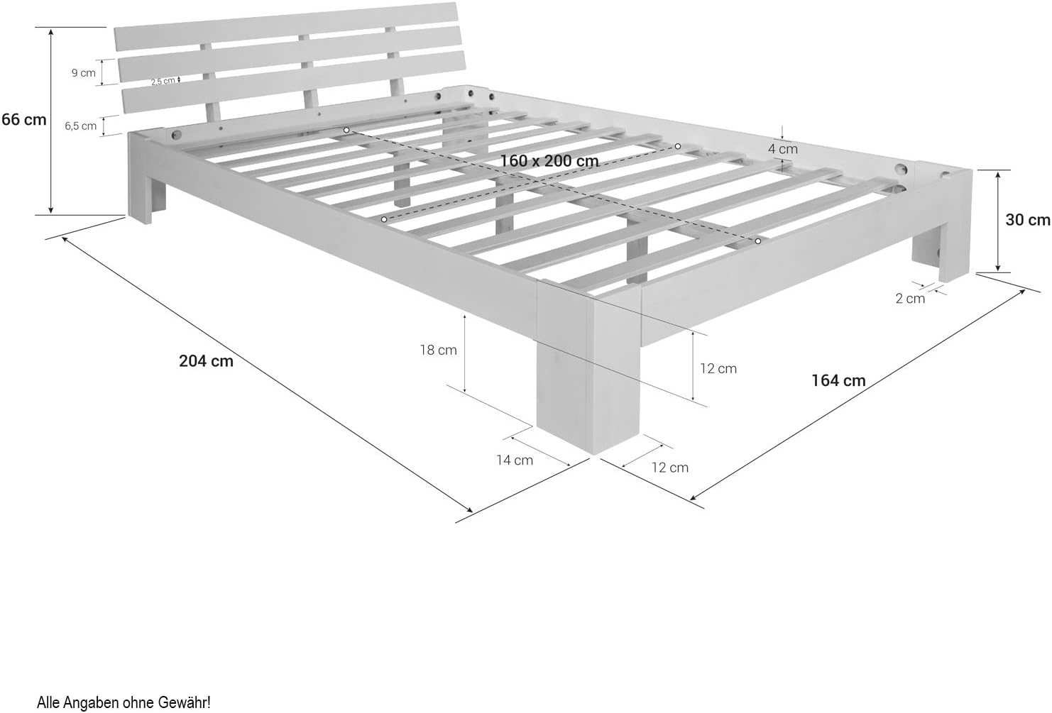 Homestyle4u 1836 Łóżko z litego drewna sosnowego, 180 x 200 cm, z stelażem z białymi listwami, łóżko podwójne 180 x 200 cm