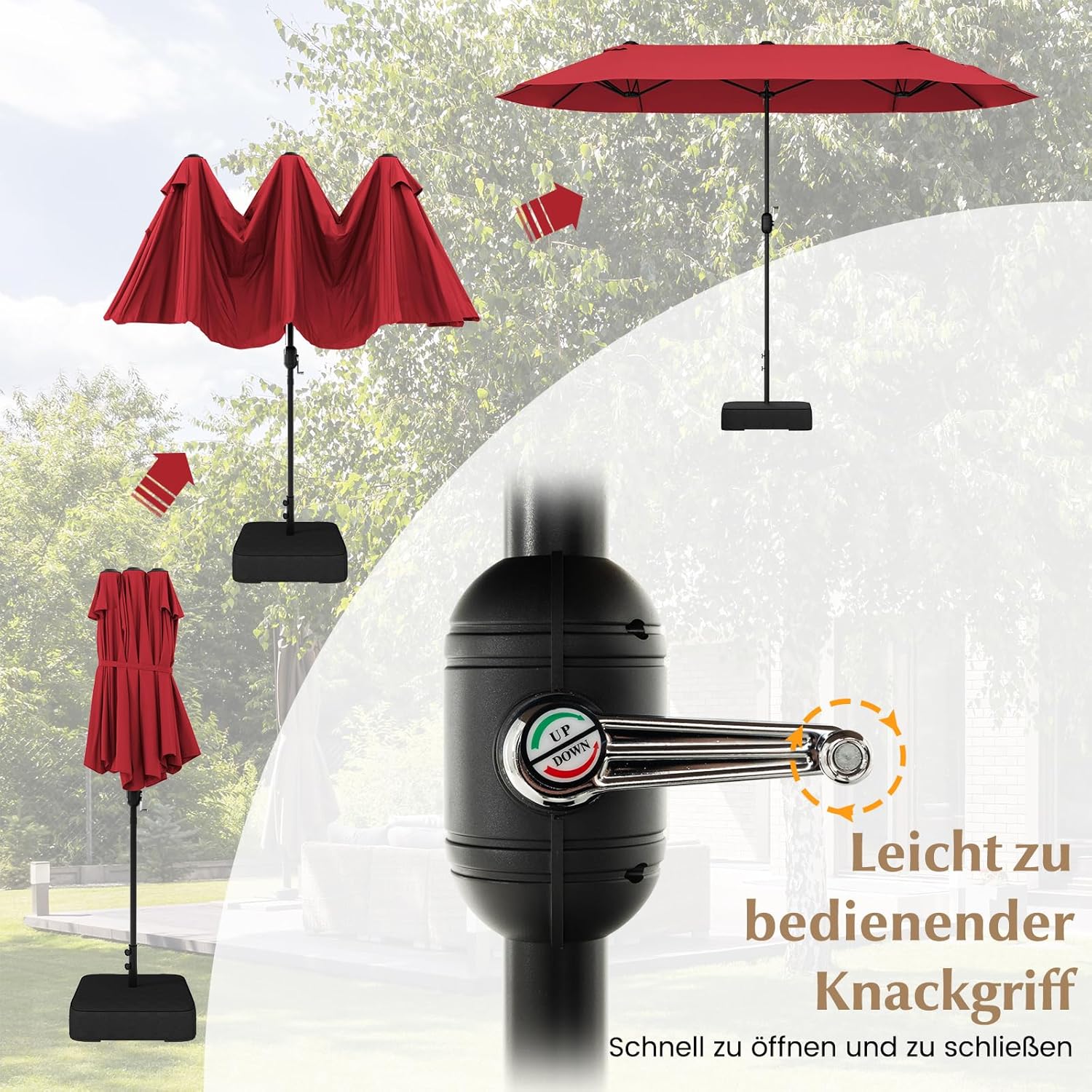 COSTWAY Parasol przeciwsłoneczny, prostokątny, 300 x 300 cm, duży parasol przeciwsłoneczny z korbą, parasol ogrodowy, odchylany o 360°, parasol tarasowy, do ogrodu, na taras, balkon (czarny)