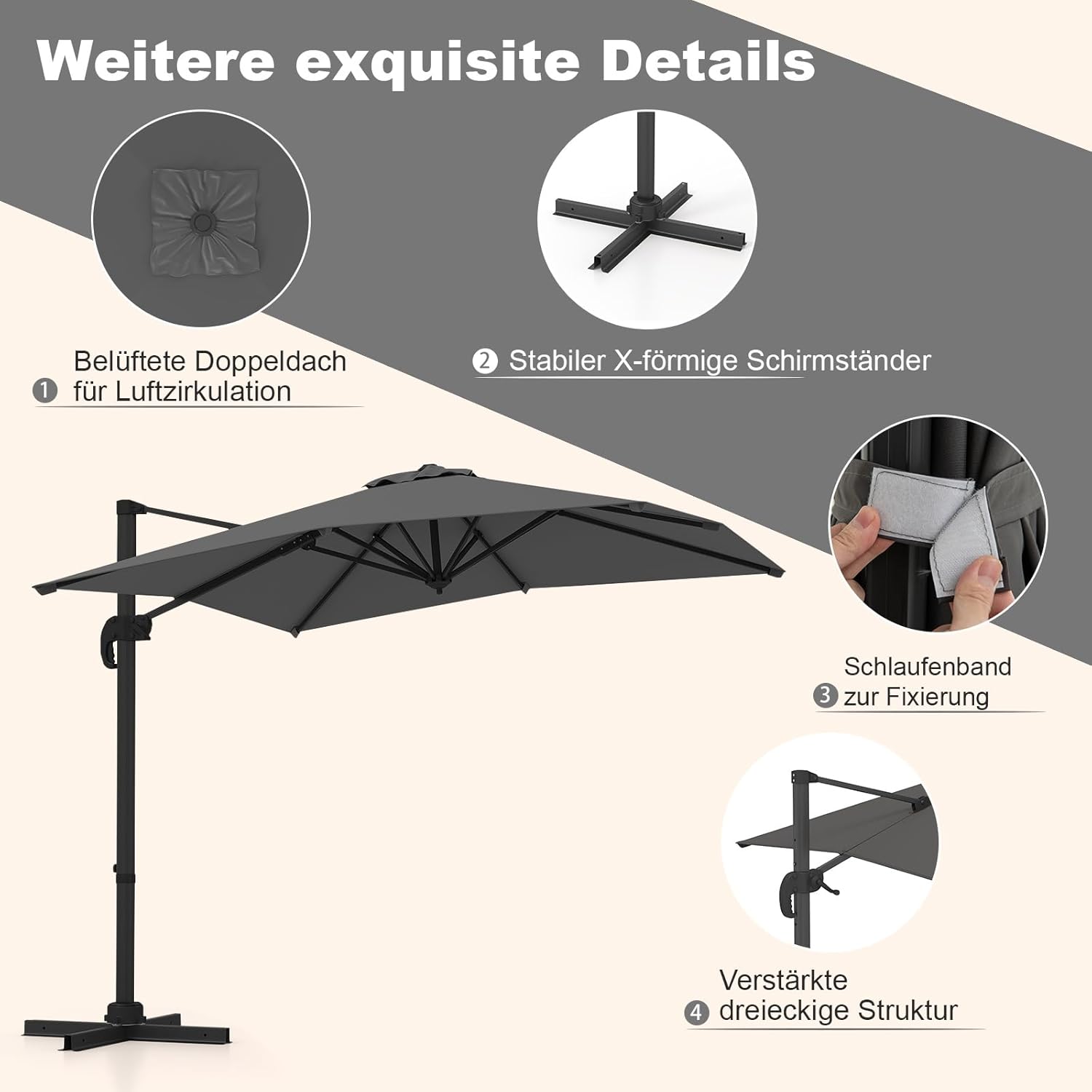 COSTWAY Parasol przeciwsłoneczny, prostokątny, 300 x 300 cm, duży parasol przeciwsłoneczny z korbą, parasol ogrodowy, odchylany o 360°, parasol tarasowy, do ogrodu, na taras, balkon (czarny)