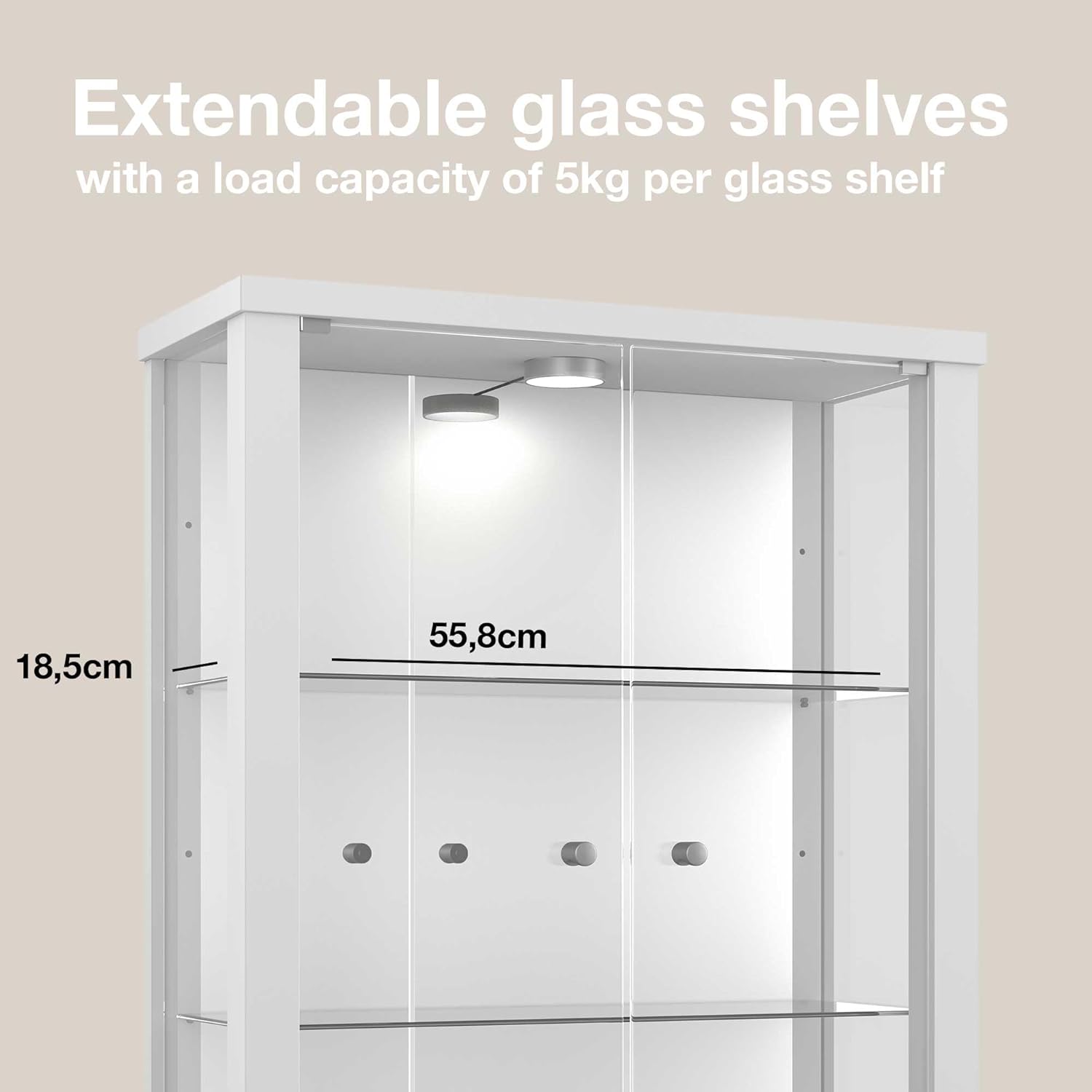 K-Möbel witryna ścienna (80x60x25cm) – Wyprodukowana w Niemczech – Wisząca witryna szklana z 2 regulowanymi półkami z ESG, lustrem i oświetleniem LED w kolorze czarnym Szafka z przeszklonymi drzwiami