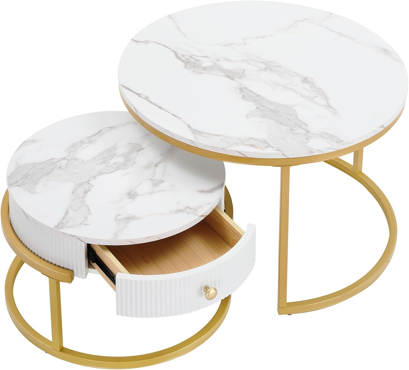 Ginhow Stolik kawowy, okrągły, biały i złoty, 2-częściowy zestaw, stolik kawowy o wyglądzie marmuru, okrągły stolik kawowy z 1 szufladą, nowoczesny stolik pomocniczy, złoty, okrągły, Ø 70 x wys. 45