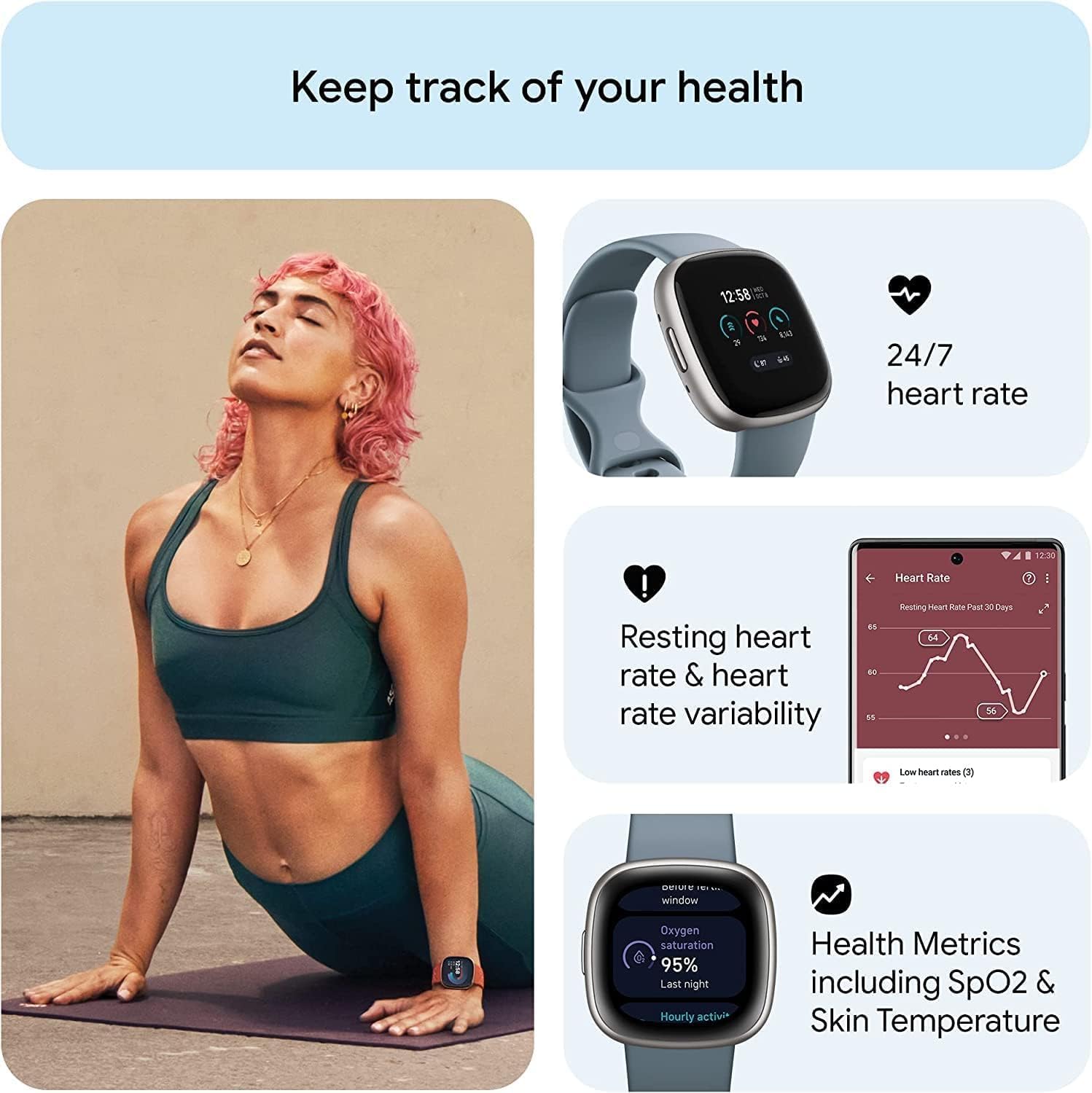 Fitbit Versa 4: Smartwatch aktywnosci fitness z wbudowanym systemem GPS, oraz z żywotnością baterii aż do 6 dni. Kompantybilny z systemem iOS & Android