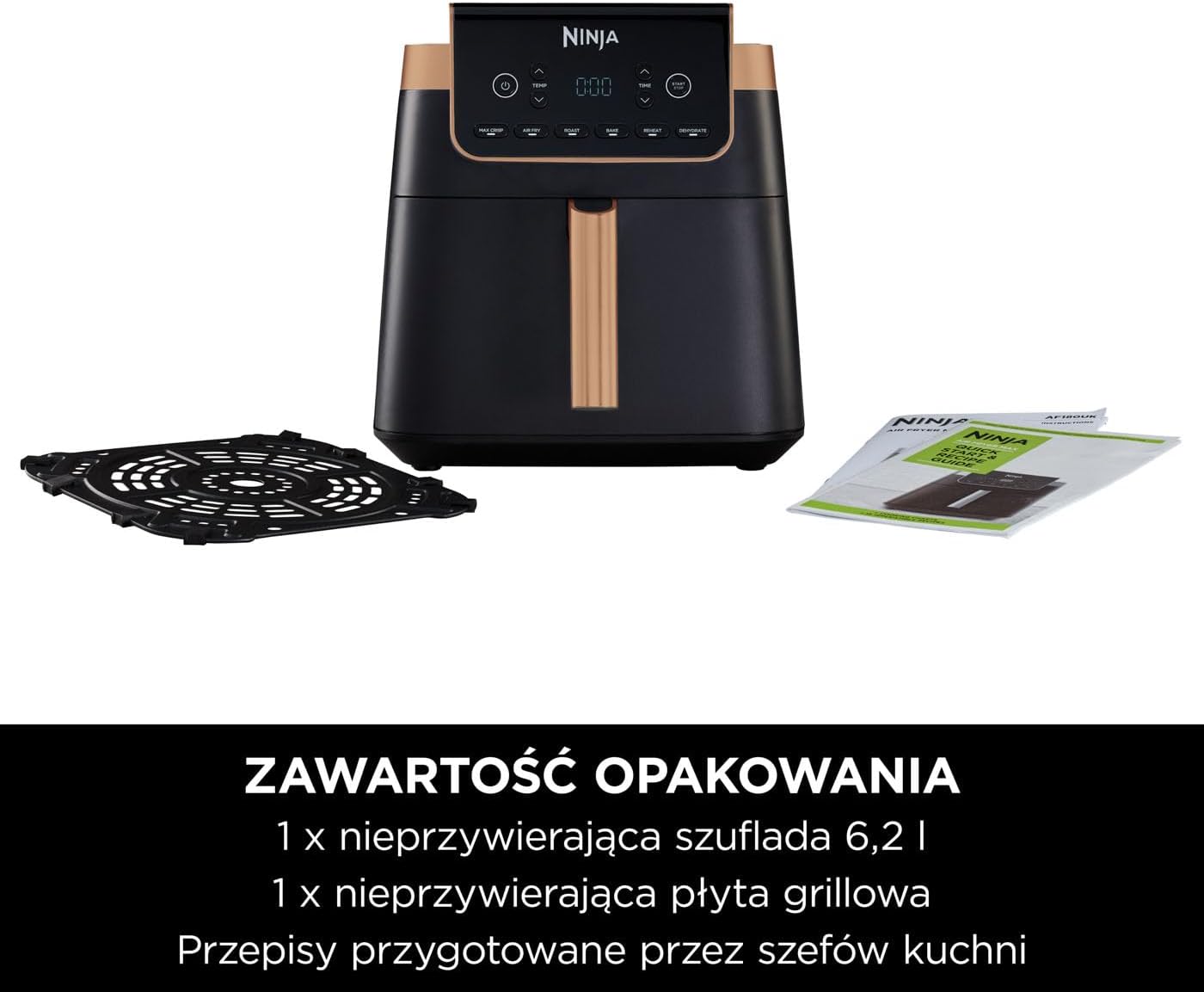 Ninja Foodi MAX Dual Zone Frytkownica beztłuszczowa z 2 szufladami, 9,5 l, kosz nieprzywierający nadaje sie do zmywarki, na 8 porcji, miedziano/czarna, 6 w 1, amazon exclusive, AF400EUCP