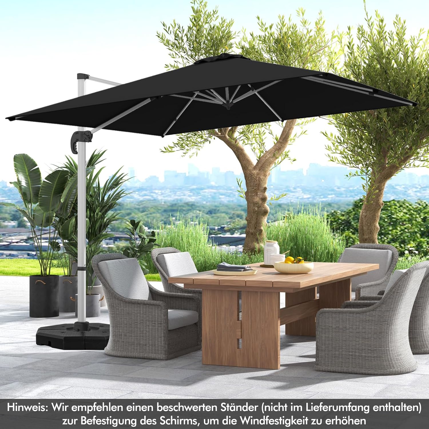 COSTWAY Parasol przeciwsłoneczny, prostokątny, 300 x 300 cm, duży parasol przeciwsłoneczny z korbą, parasol ogrodowy, odchylany o 360°, parasol tarasowy, do ogrodu, na taras, balkon (czarny)