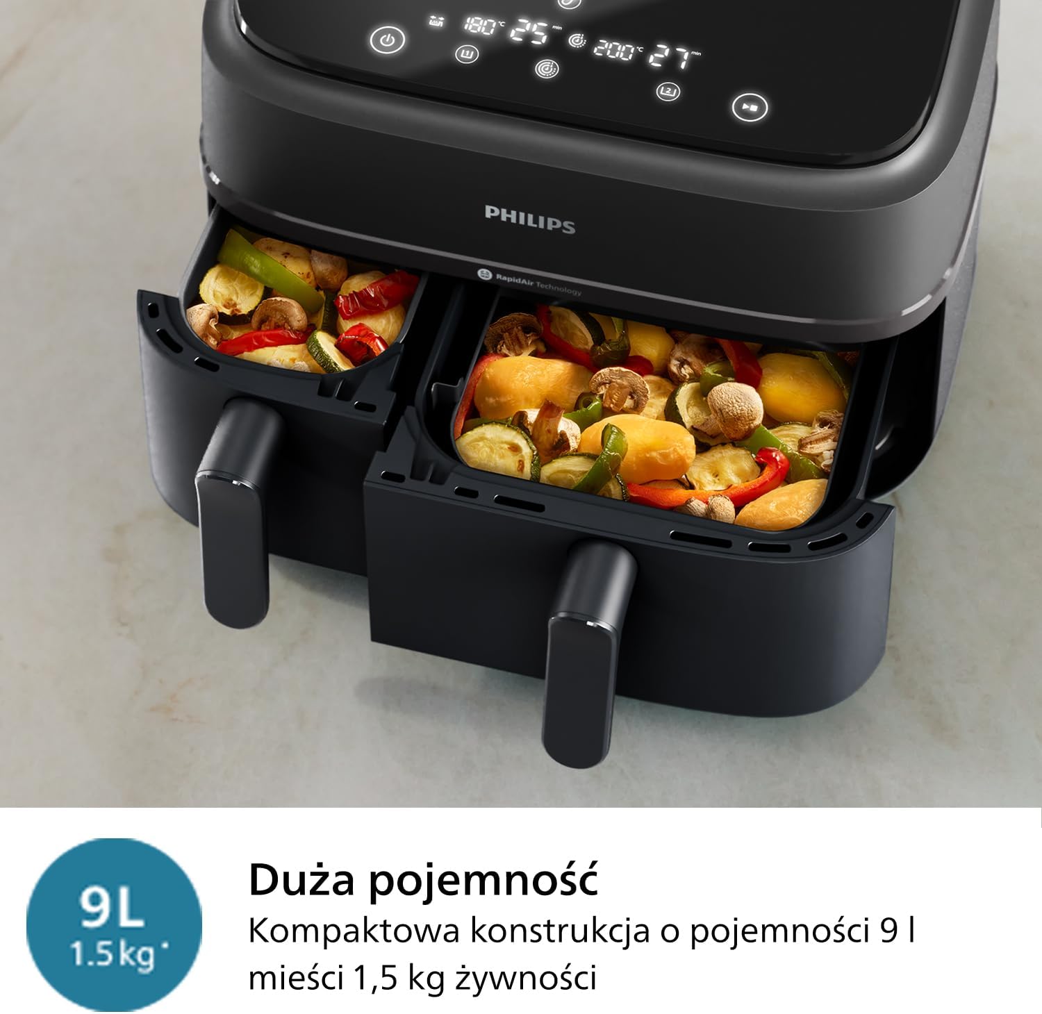 Philips Airfryer 5000 Serii Dual Basket z Technologią Air Steam oraz RapidAir Plus - pojemność 9L, 19 sposobów gotowania, 90% mniej tłuszczu, 2 kosze, czyszczenie parą, akcesoria (NA550/00)