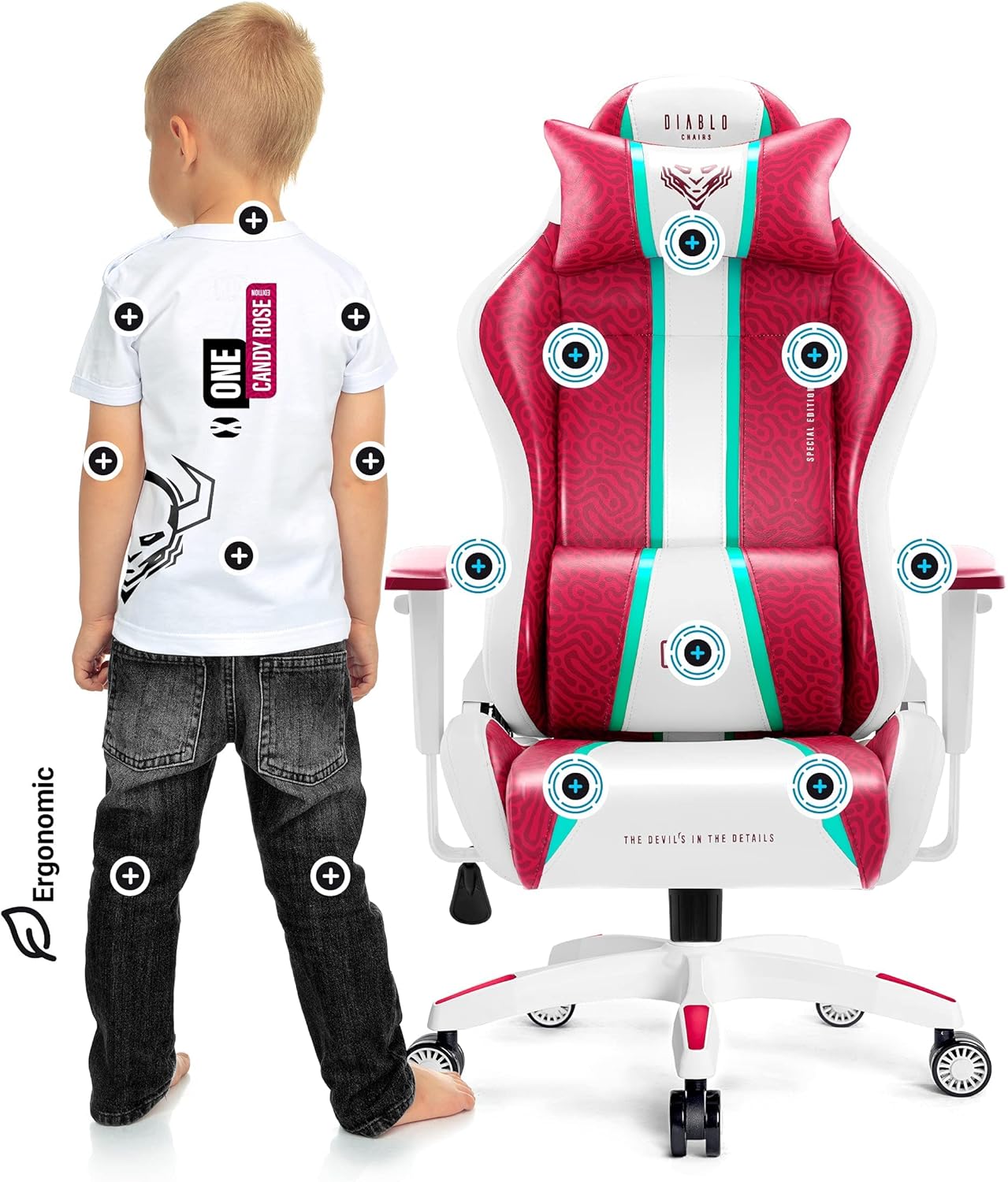 Diablo X-One 2.0 Fotel Gamingowy Krzesło Biurowe Dla Gracza Obrotowy Regulowane Podłokietniki Ekoskóra Ergonomiczny Design Funkcja Bujania Poduszka Pod Kark i Lędźwie (Candy Rose, Normal)