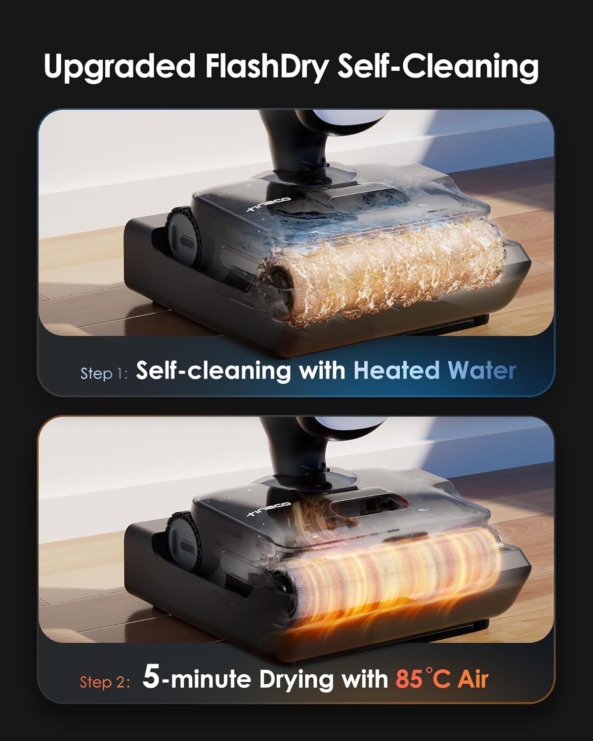 Tineco Floor ONE S7 Stretch Ultra Bezprzewodowy Odkurzacze na sucho i mokro, zapobiegająca splątaniu 180°, czas pracy 50 minut, samooczyszczanie Flashdry 85℃, dwustronne czyszczenie krawędzi