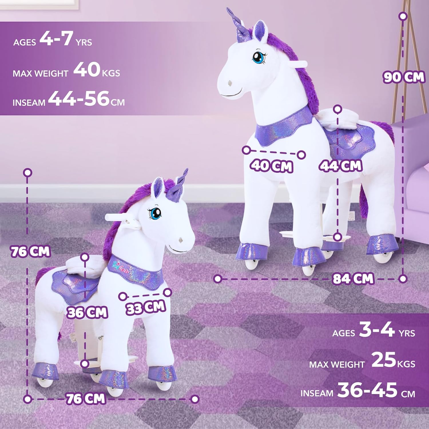 PonyCycle 2023 Nowy Model E Jednorożec do Jazdy na Mechanicznym Chodzącym Jednorożcu z Hamulcem (Fioletowy/Rozmiar 4 dla Dzieci w Wieku 4-8 Lat) Hulajnoga dla Maluchów do Jazdy na Koniu - E413