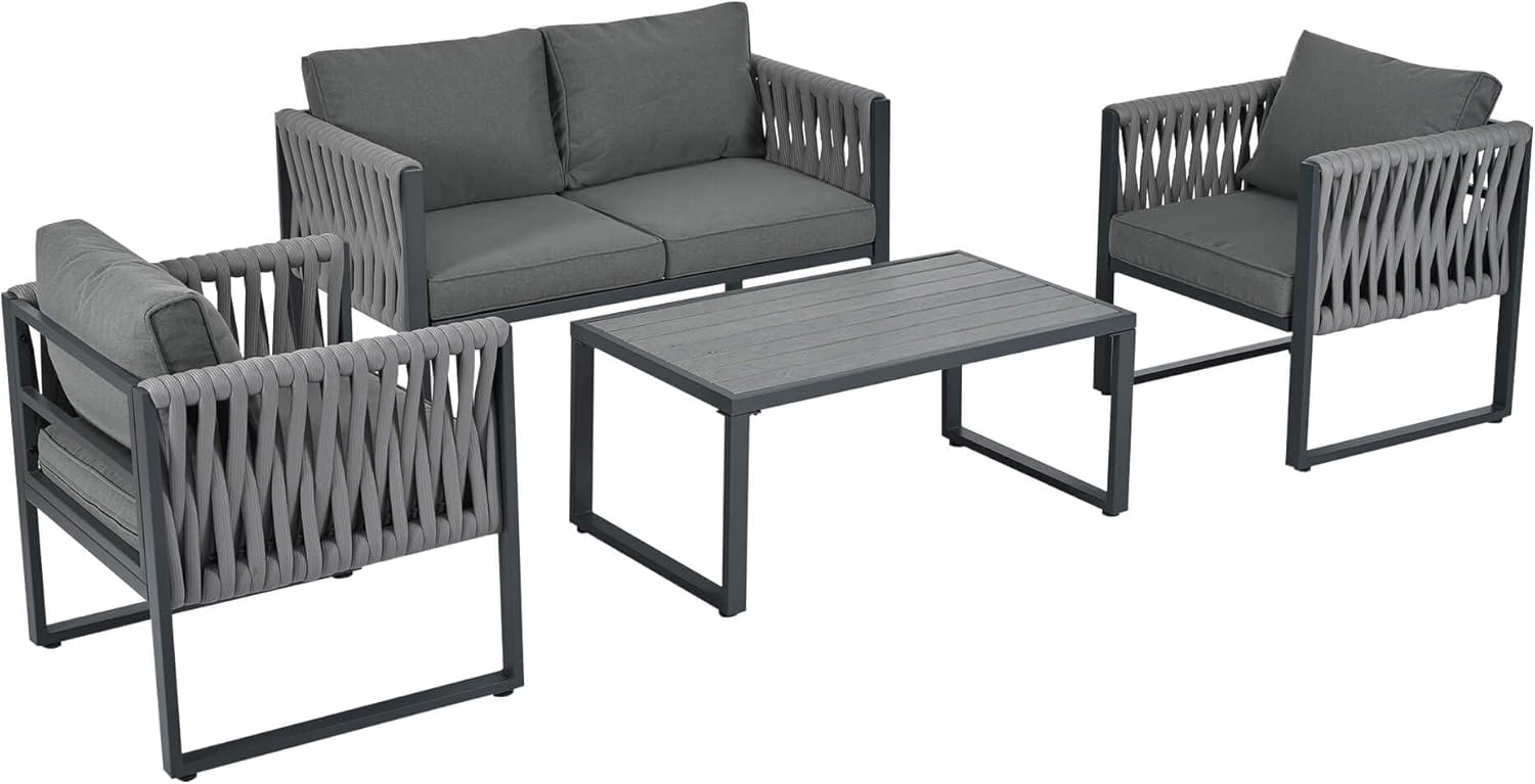 HYUB Zestaw mebli ogrodowych, meble wypoczynkowe do użytku na zewnątrz z podwójną sofą i 2 pojedynczymi sofami, zestaw wypoczynkowy do użytku na zewnątrz ze stolikiem kawowym i poduszkami do