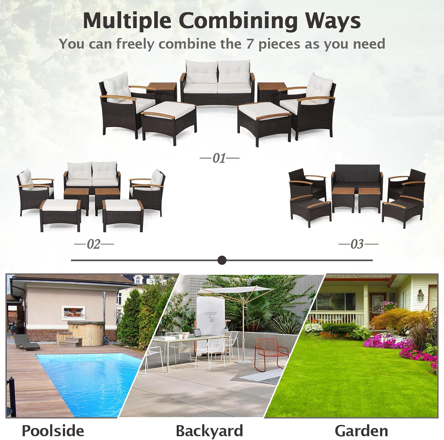 GIANTEX Zestaw mebli ogrodowych 4/6 osób z rattanu, mobilny ogród zewnętrzny z 2 stolikami niskimi z drewnianym blatem, krzesłami, stołkami, sofą, poduszkami, stołami i krzesłami na balkon, taras