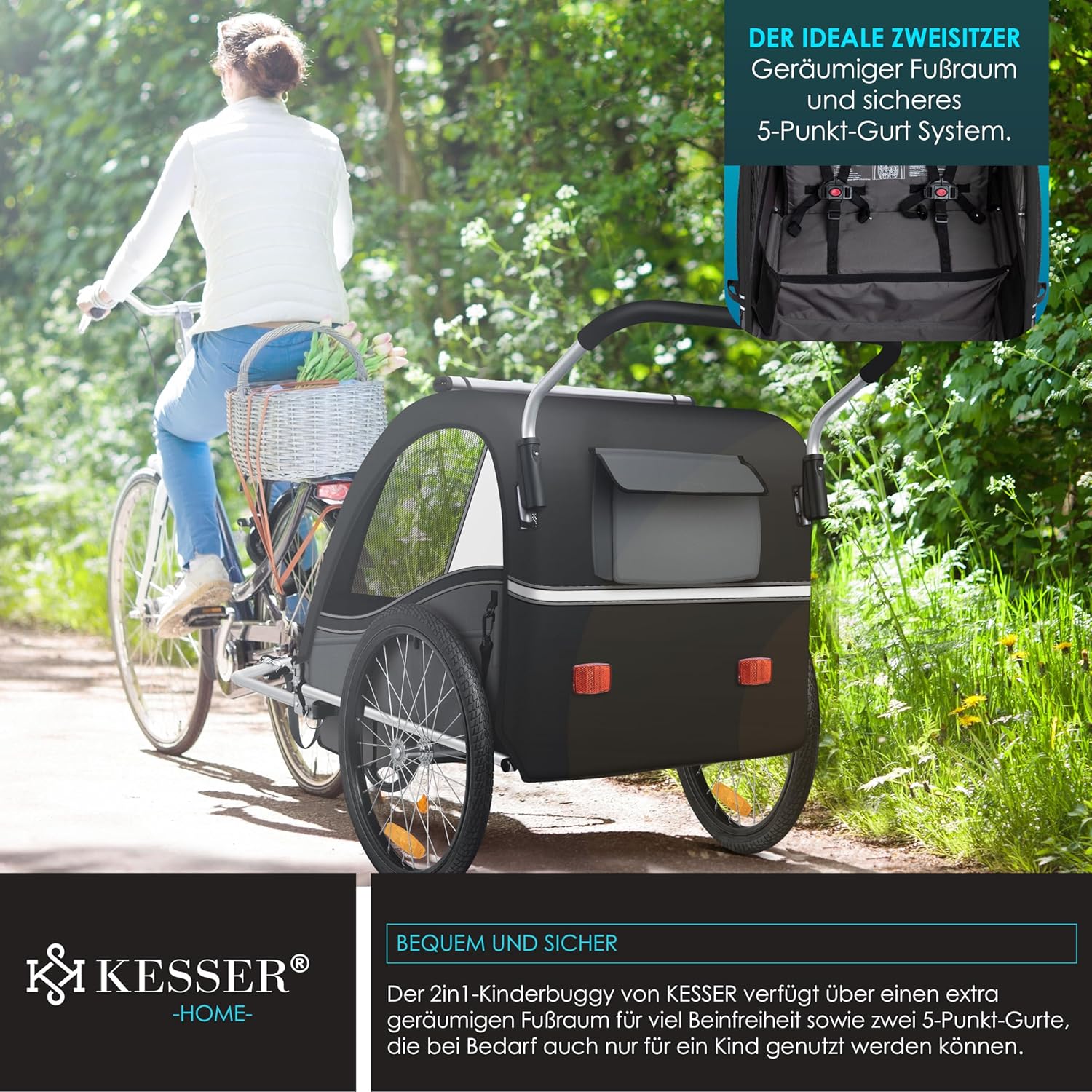 KESSER® Przyczepka rowerowa dla dzieci Sport-RX 2w1 z funkcją jazdy Przyczepka rowerowa dla dzieci + 5-punktowy pas bezpieczeństwa 360°