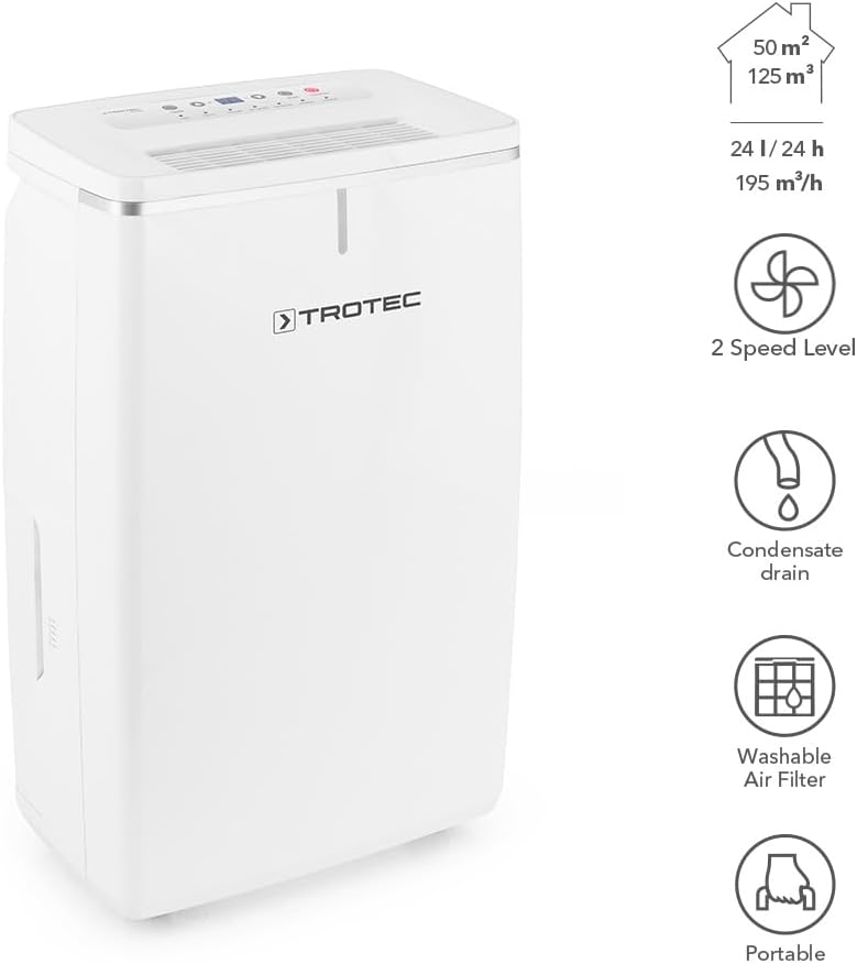 TROTEC Osuszacz powietrza elektryczny TTK 66 E – wydajność 24 L/dzień – powierzchnia 50 m² / 125 m³ – funkcja automatycznego wyłączania - do mieszkań i sypialni