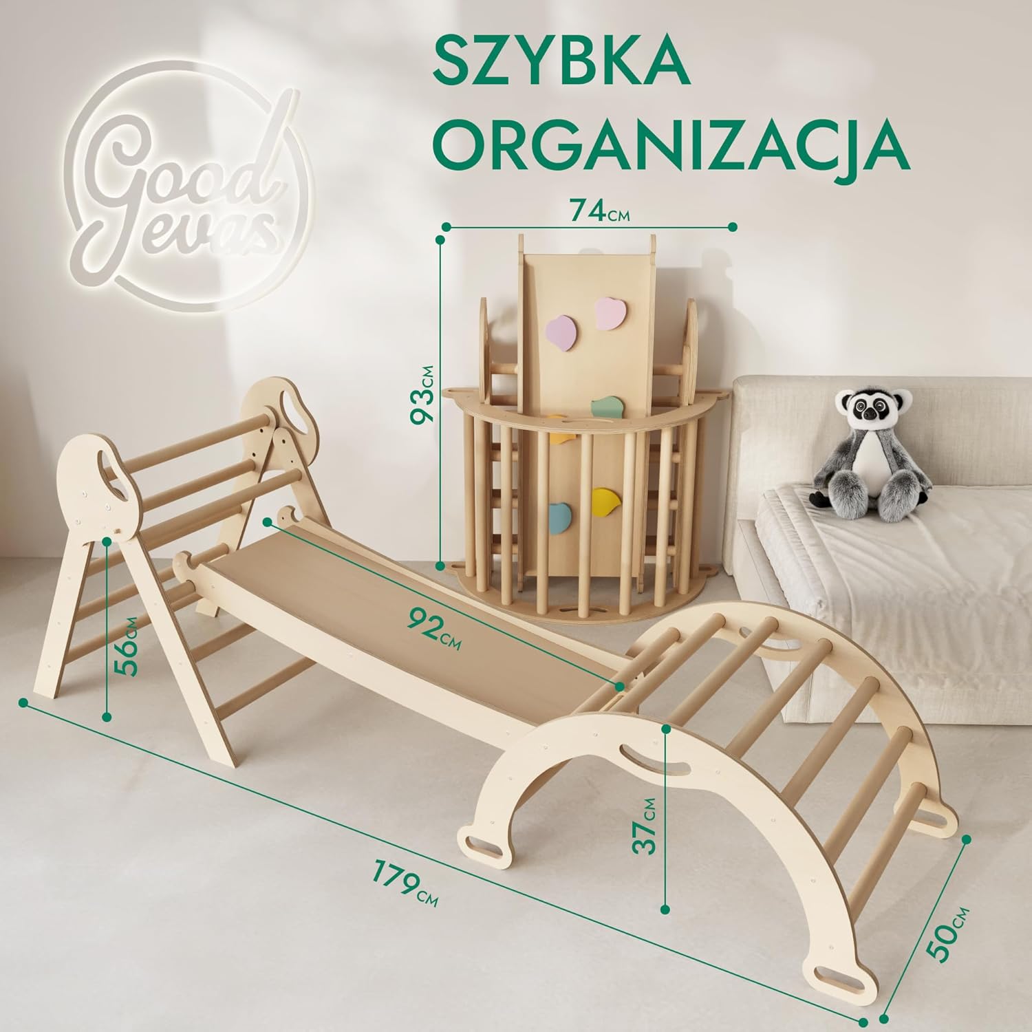 Zestaw wspinaczkowy 5 w 1 Montessori - drewniana siłownia z trójkątną drabinką i łukiem oraz rampą wspinaczkową, siatką i poduszką - rama wspinaczkowa dla maluchów w wieku 1-7 lat w rozmiarze XL