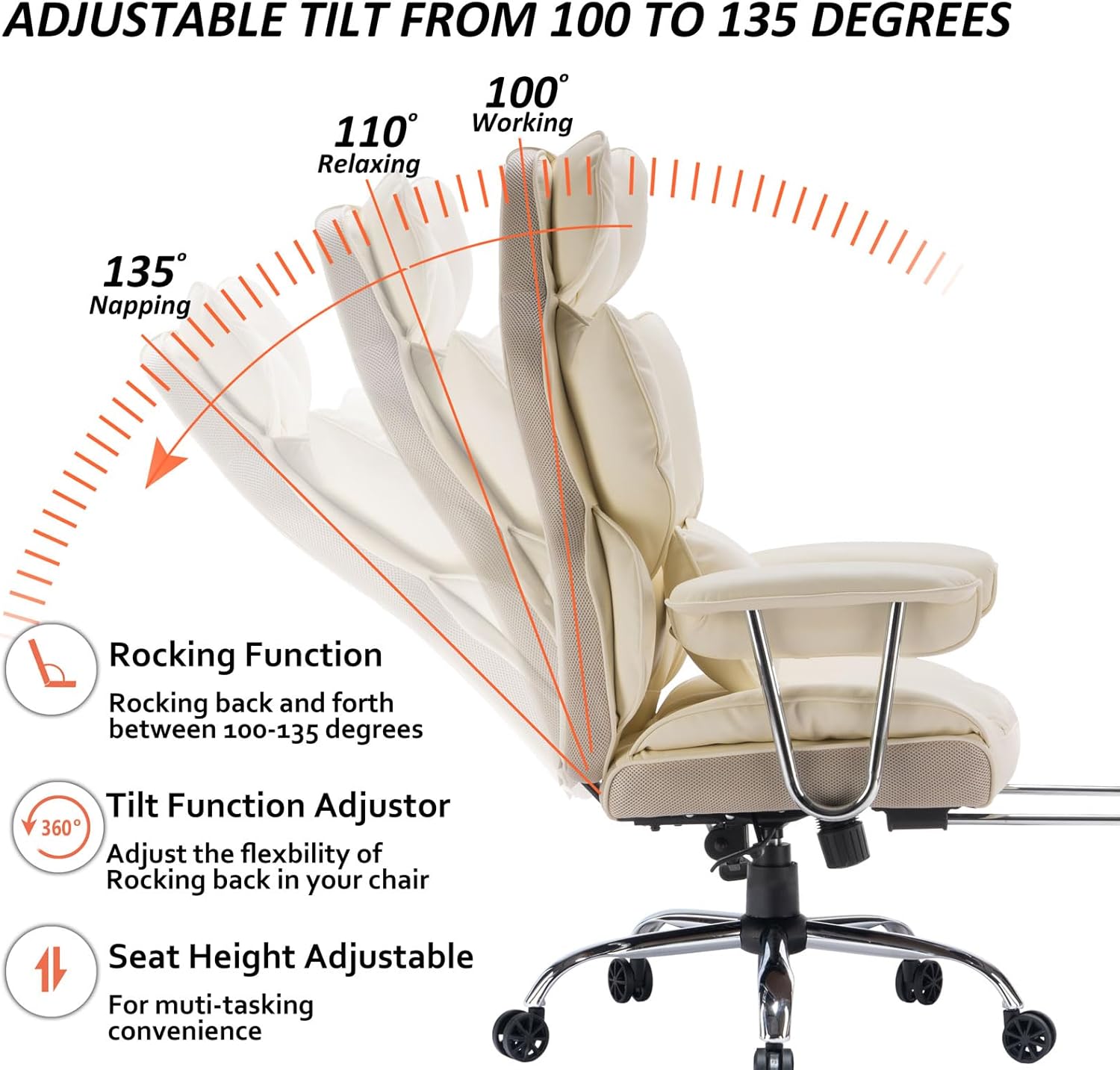 Efomao ergonomiczny fotel biurowy, krzesło kierownicze z PU skóry, fotel biurowy do 200 kg z podnóżkiem i podpórką lędźwiową, regulowane krzesło z wysokim oparciem