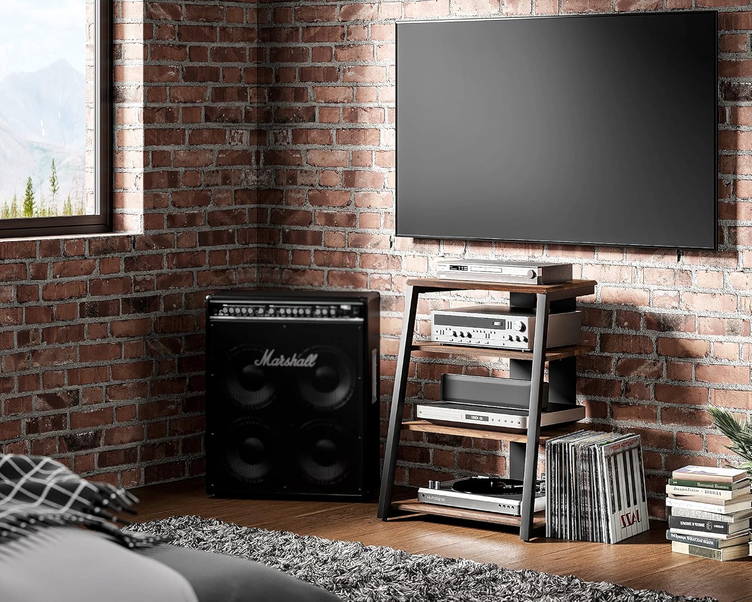 FITUEYES DESIGN HIFI Stojak gramofon, 4-poziomowy, drewniane półki, na wzmacniacz AV / gramofon / Sky box/Xbox One/drukarkę wielofunkcyjna regulacja wysokości, nośność 50 kg