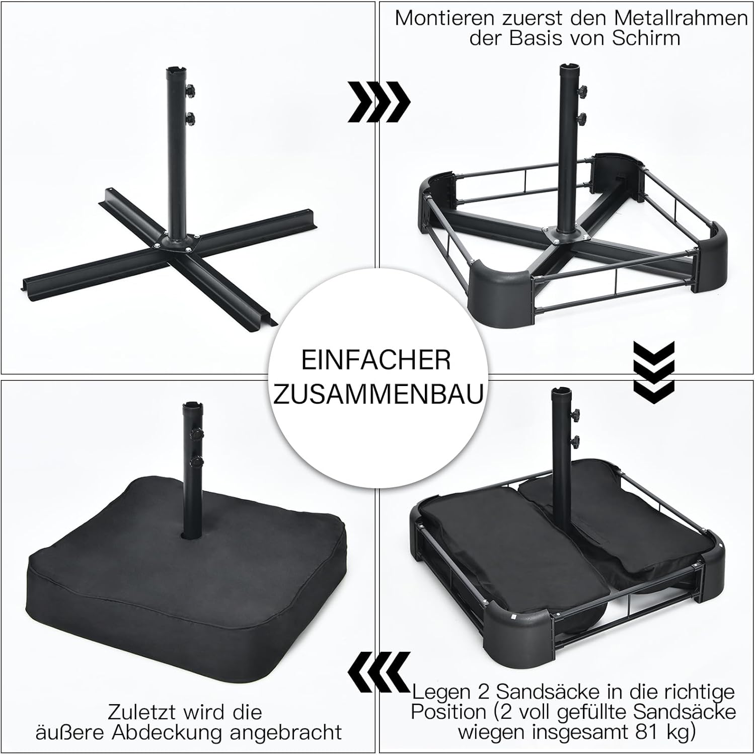COSTWAY Parasol przeciwsłoneczny, prostokątny, 300 x 300 cm, duży parasol przeciwsłoneczny z korbą, parasol ogrodowy, odchylany o 360°, parasol tarasowy, do ogrodu, na taras, balkon (czarny)