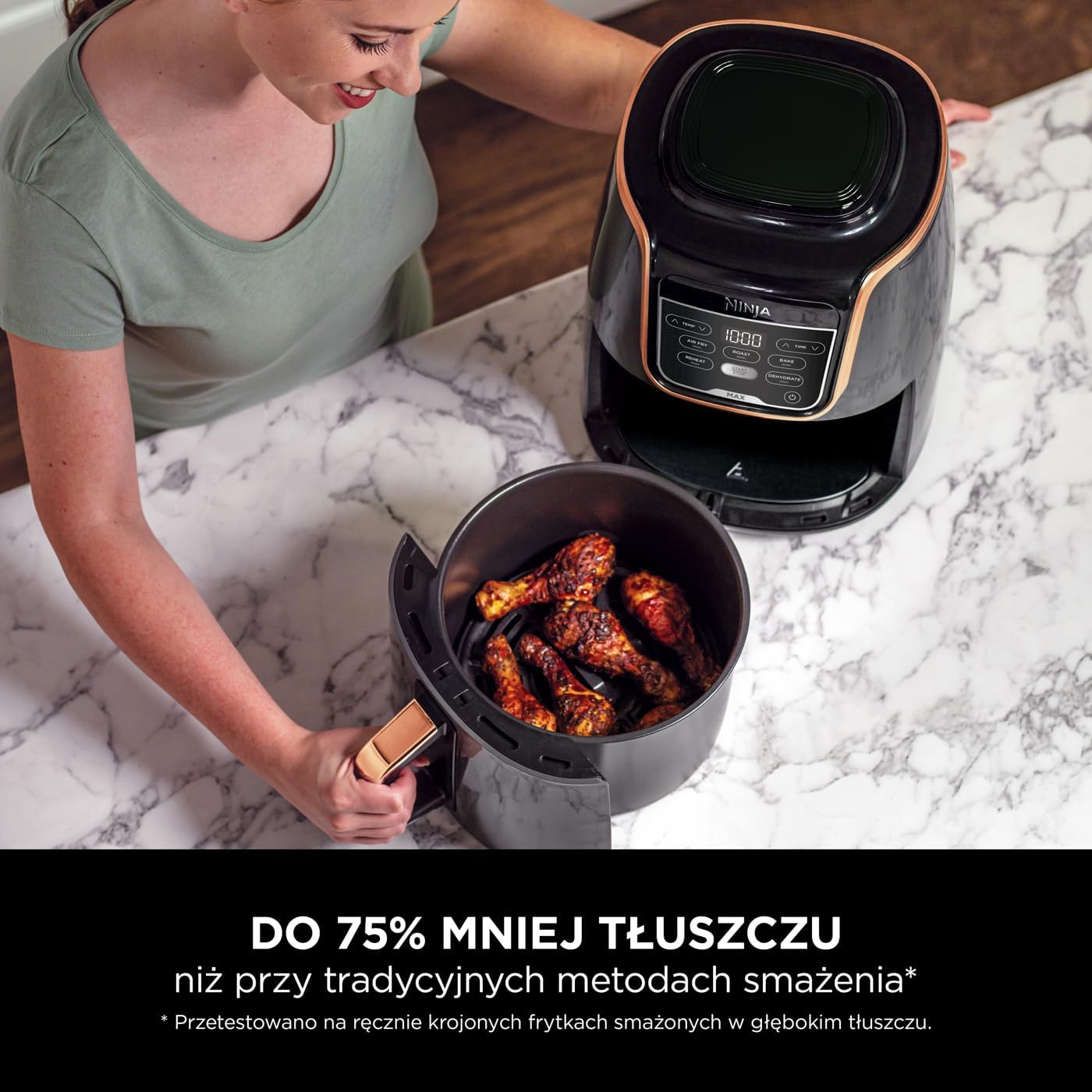 Ninja Foodi MAX Dual Zone Frytkownica beztłuszczowa z 2 szufladami, 9,5 l, kosz nieprzywierający nadaje sie do zmywarki, na 8 porcji, miedziano/czarna, 6 w 1, amazon exclusive, AF400EUCP