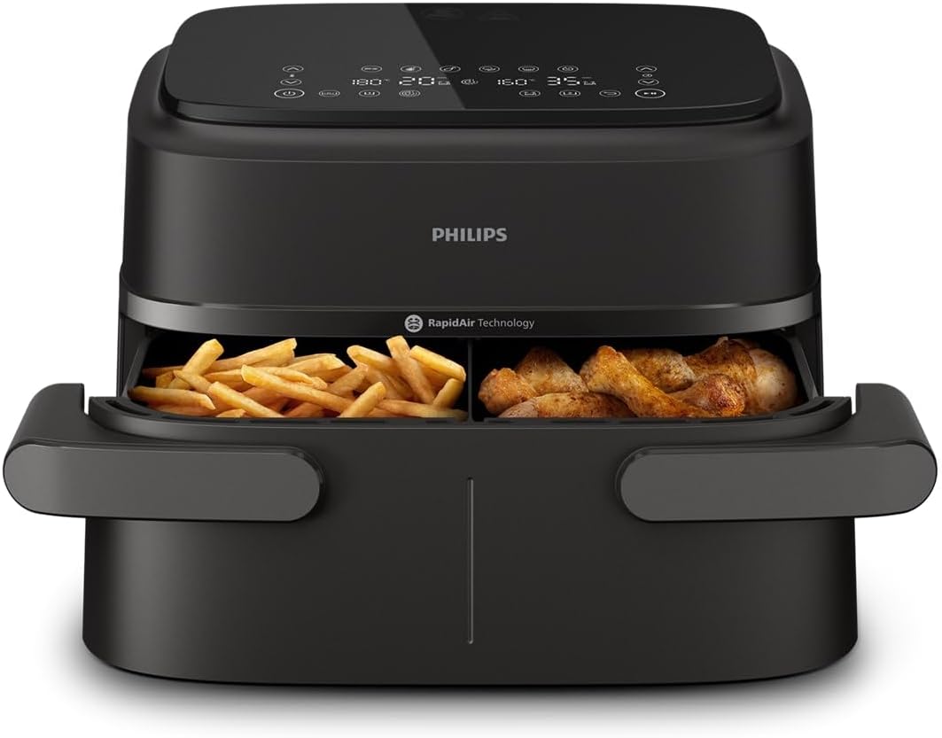Philips Airfryer 5000 Serii Dual Basket z Technologią Air Steam oraz RapidAir Plus - pojemność 9L, 19 sposobów gotowania, 90% mniej tłuszczu, 2 kosze, czyszczenie parą, akcesoria (NA550/00)