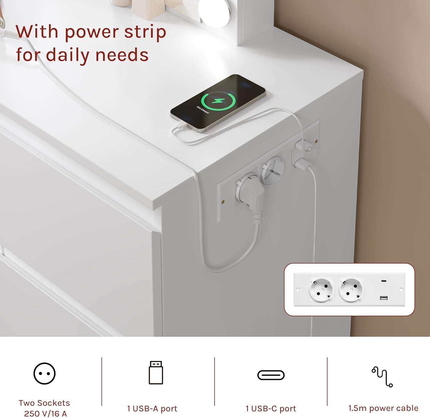 WOLTU MB6124ws Toaletka z oświetleniem i wieloma gniazdkami, toaletka z dużym lustrem LED i 7 szufladami, biurko do makijażu, 110 x 39,5 x 140,5 cm, biała nowoczesna komoda do sypialni