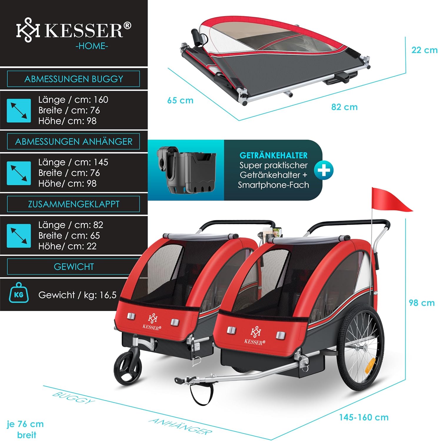 KESSER® Przyczepka rowerowa dla dzieci Sport-RX 2w1 z funkcją jazdy Przyczepka rowerowa dla dzieci + 5-punktowy pas bezpieczeństwa 360°