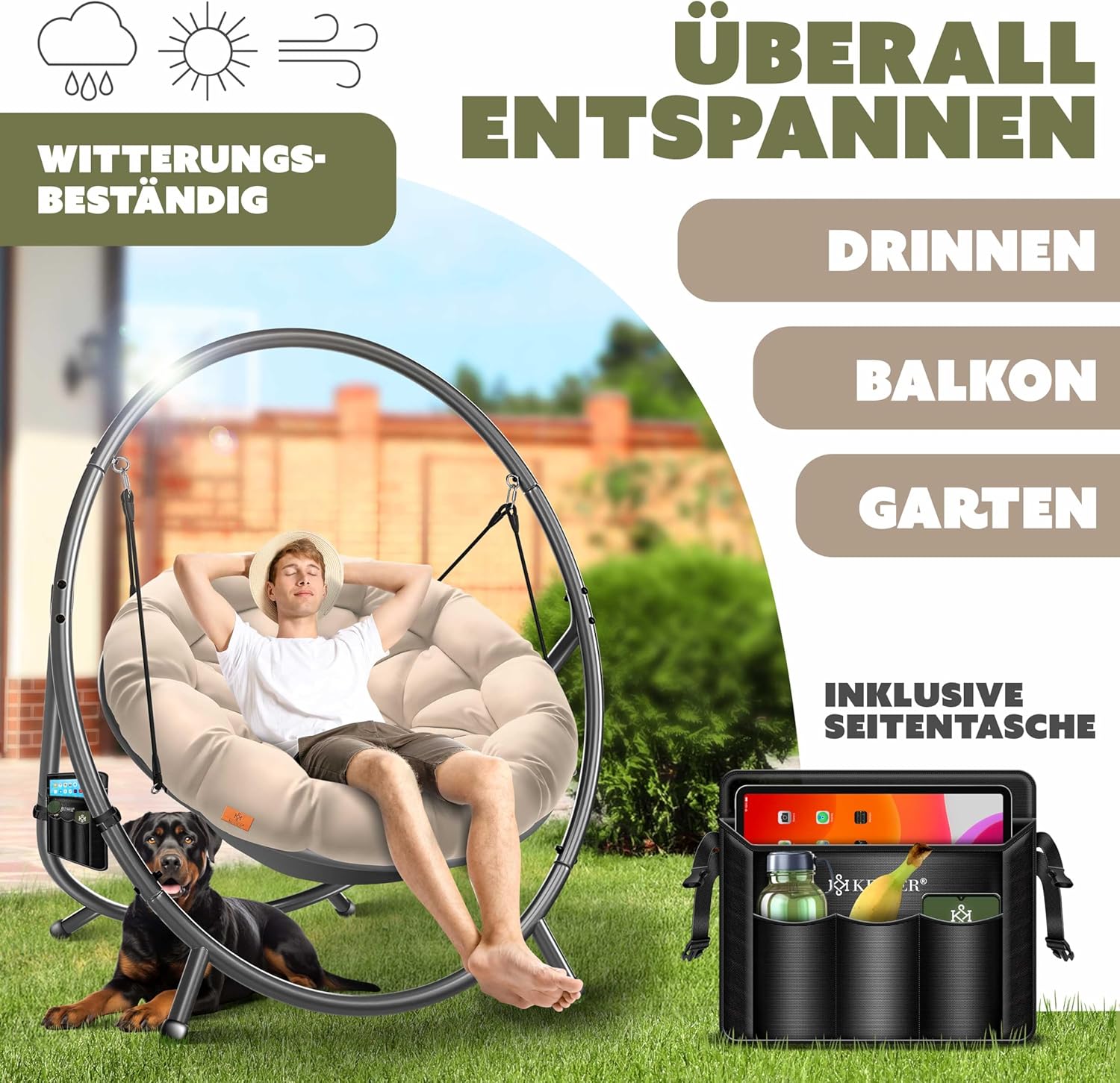 KESSER® Fotel wiszący ze stalowym stelażem, huśtawka, do 150 kg, do użytku wewnątrz i na zewnątrz, z poduszką i kieszenią boczną, kosz wiszący, piankowa poduszka, idealny do salonu i ogrodu