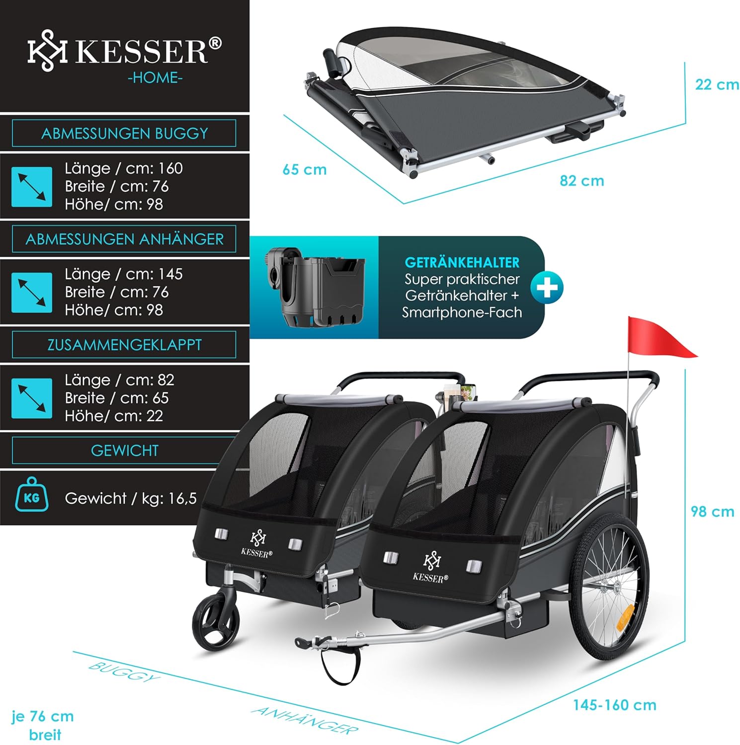 KESSER® Przyczepka rowerowa dla dzieci Sport-RX 2w1 z funkcją jazdy Przyczepka rowerowa dla dzieci + 5-punktowy pas bezpieczeństwa 360°