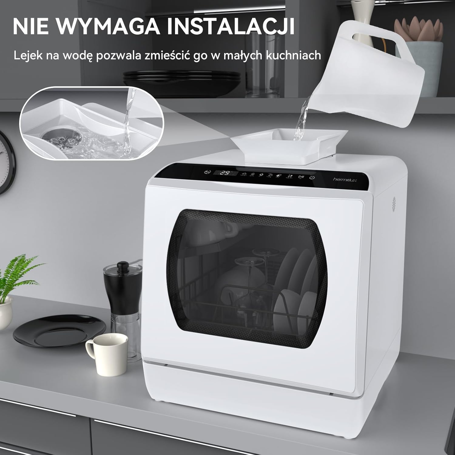 Mini zmywarka stołowa, do użytku z i bez podłączenia do wody, szerokość 43 cm, miejsce na 4 sztućce, do użytku na kempingu, 175 kWh/rok, biały