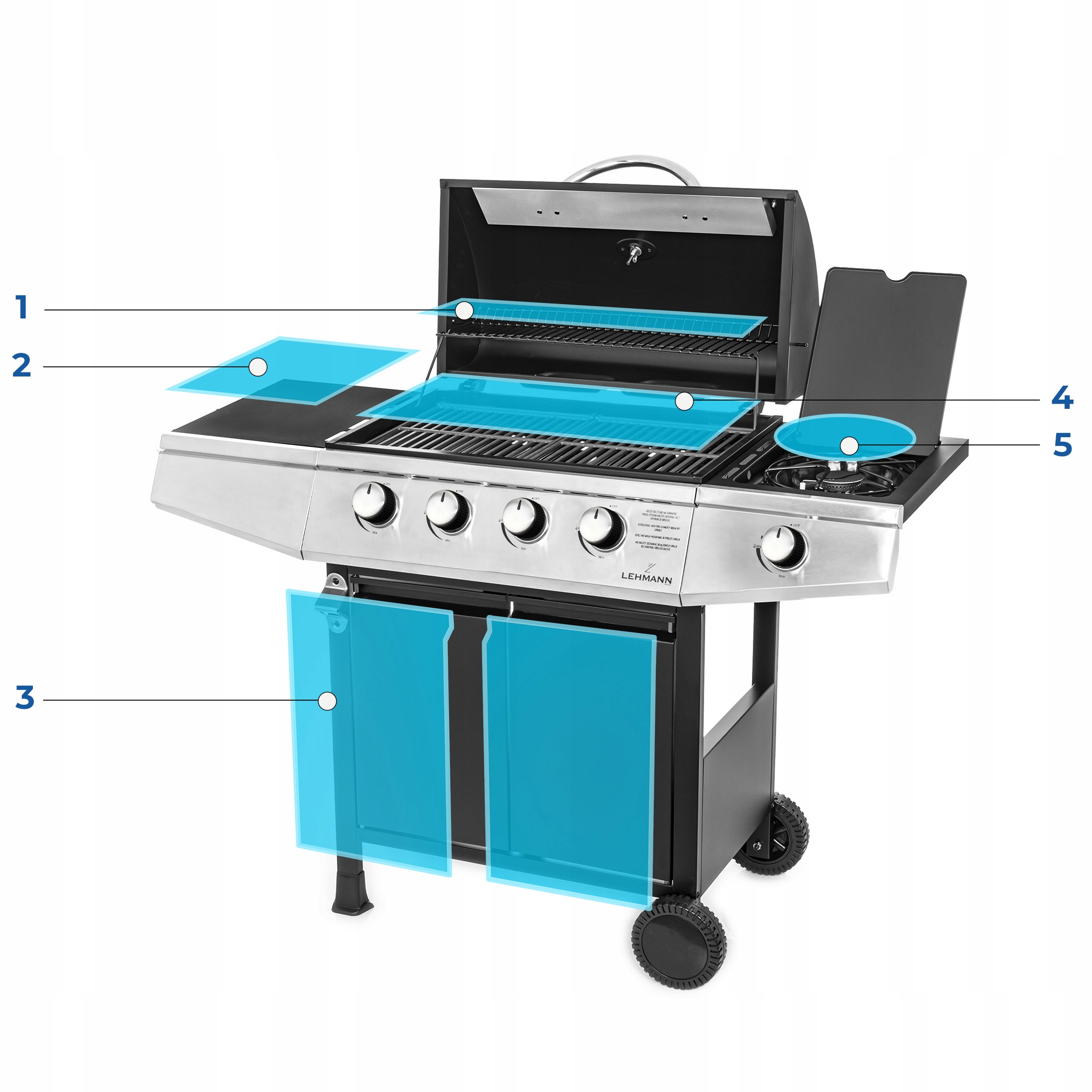 GRILL GAZOWY OGRODOWY ŻELIWNY RUSZT NIERDZEWNY LEHMANN OHIO 4+1 POKROWIEC