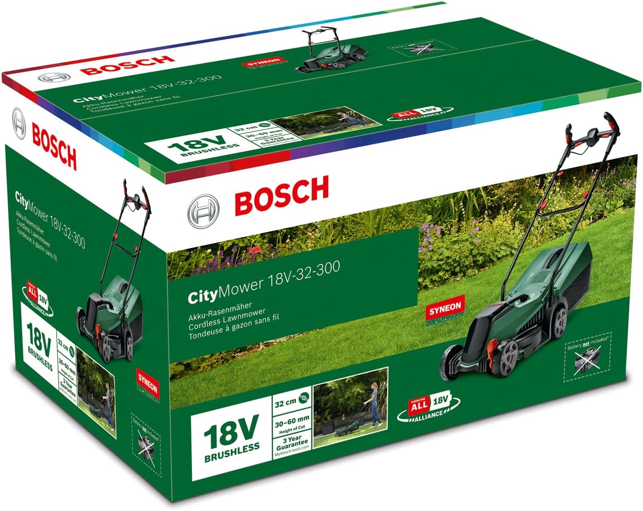 Bosch CityMower 18V-32-300, Kosiarka akumulatorowa (18 V, 1 akumulator, szerokość cięcia: 32 cm, trawniki do 300 m², opakowanie kartonowe), Zielona