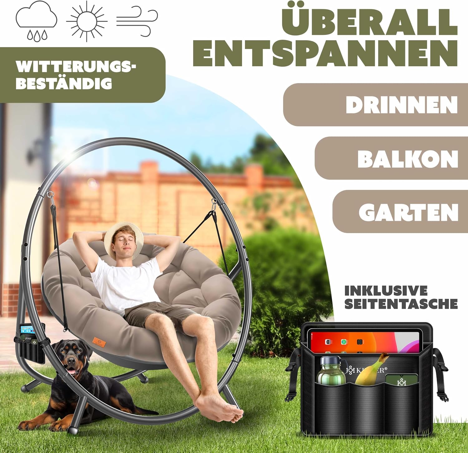 KESSER® Fotel wiszący ze stalowym stelażem, huśtawka, do 150 kg, do użytku wewnątrz i na zewnątrz, z poduszką i kieszenią boczną, kosz wiszący, piankowa poduszka, idealny do salonu i ogrodu