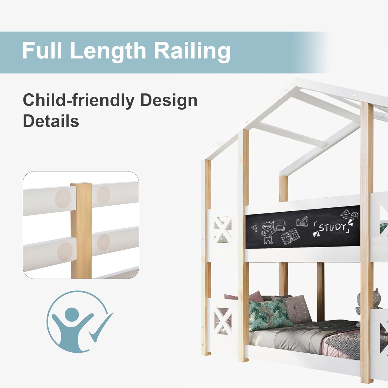 Dolamaní Łóżko domowe 90 x 200 cm ze schodami, łóżko piętrowe 90 x 200 cm, łóżko piętrowe z szufladą i zabezpieczeniem przed wypadnięciem, łóżko pojedyncze dla dzieci, 2 stelaże z listew, kolor