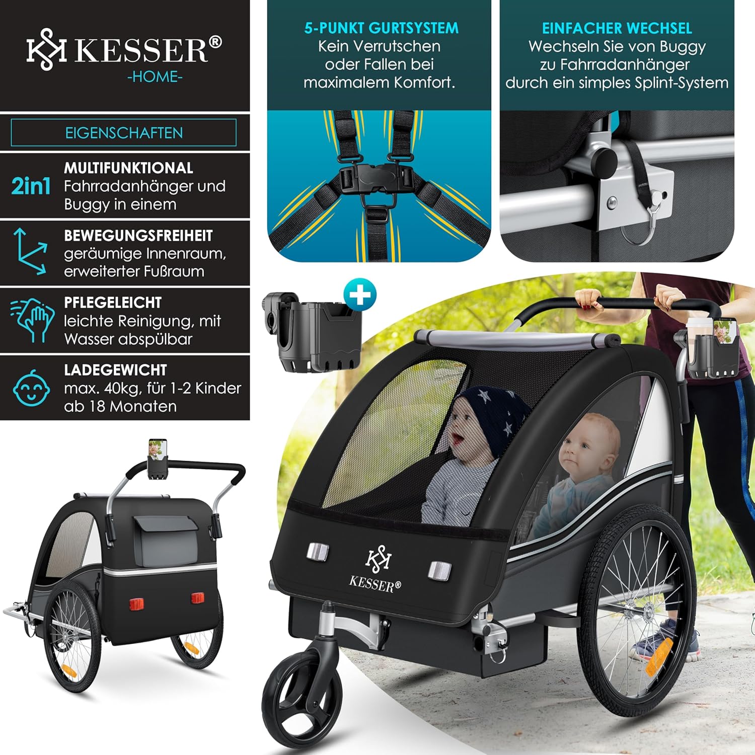 KESSER® Przyczepka rowerowa dla dzieci Sport-RX 2w1 z funkcją jazdy Przyczepka rowerowa dla dzieci + 5-punktowy pas bezpieczeństwa 360°
