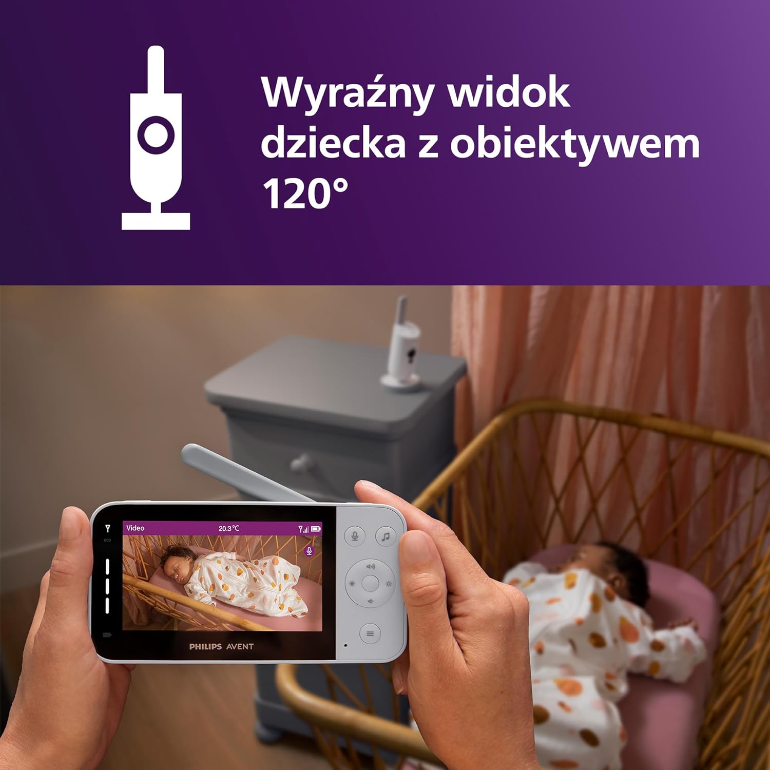 Philips AVENT Elektroniczna niania z łącznością Wi-Fi, wysokiej jakości kamerą HD, funkcją noktowizora, dwukierunkowym dźwiękiem i czasem pracy ekranu 12 godzin w trybie Eco, SCD951/26