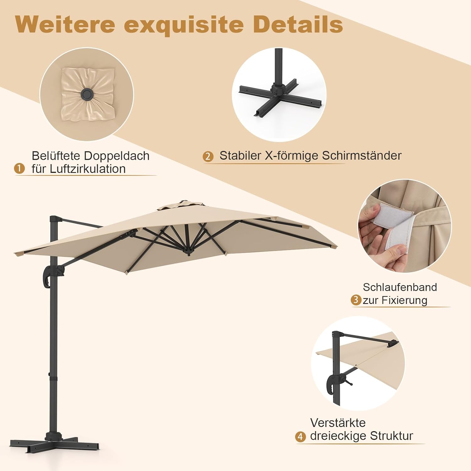COSTWAY Parasol przeciwsłoneczny, prostokątny, 300 x 300 cm, duży parasol przeciwsłoneczny z korbą, parasol ogrodowy, odchylany o 360°, parasol tarasowy, do ogrodu, na taras, balkon (czarny)