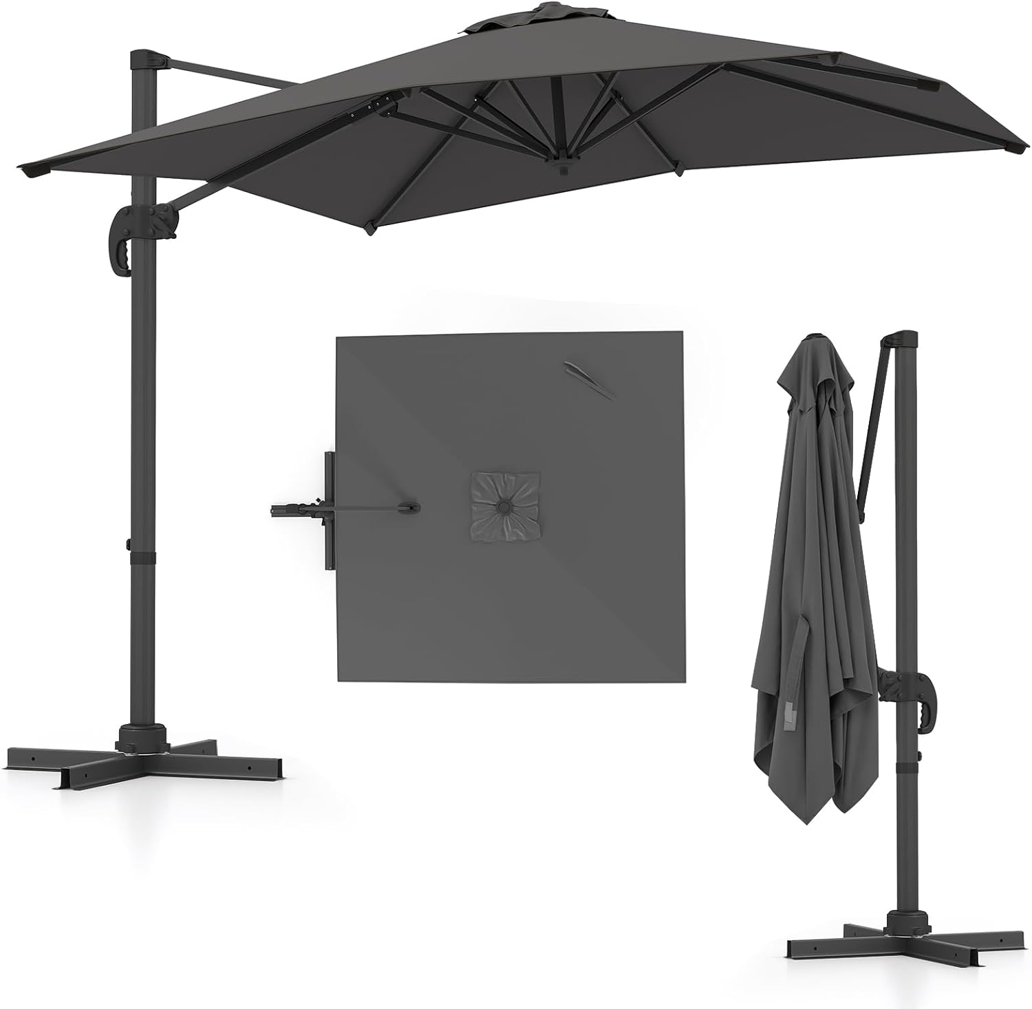 COSTWAY Parasol przeciwsłoneczny, prostokątny, 300 x 300 cm, duży parasol przeciwsłoneczny z korbą, parasol ogrodowy, odchylany o 360°, parasol tarasowy, do ogrodu, na taras, balkon (czarny)