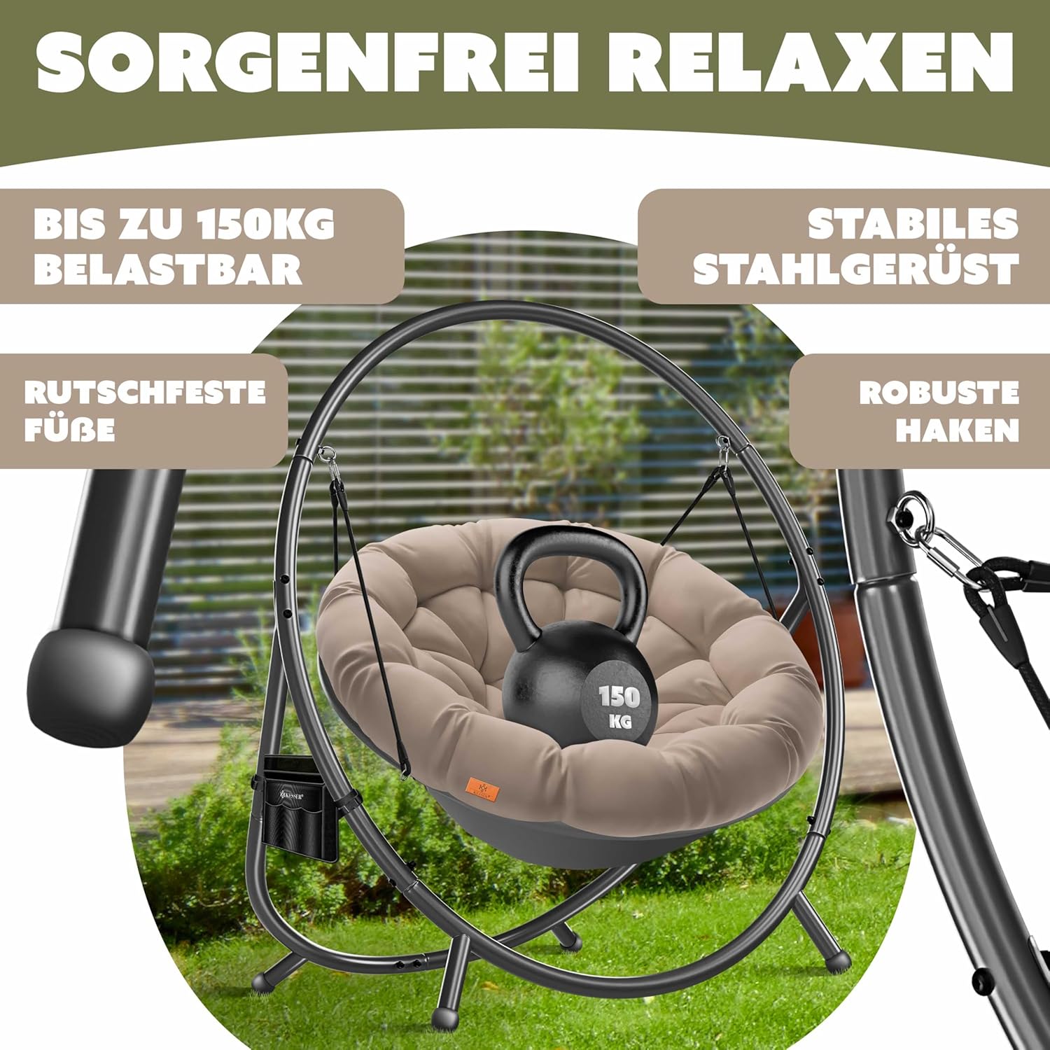 KESSER® Fotel wiszący ze stalowym stelażem, huśtawka, do 150 kg, do użytku wewnątrz i na zewnątrz, z poduszką i kieszenią boczną, kosz wiszący, piankowa poduszka, idealny do salonu i ogrodu