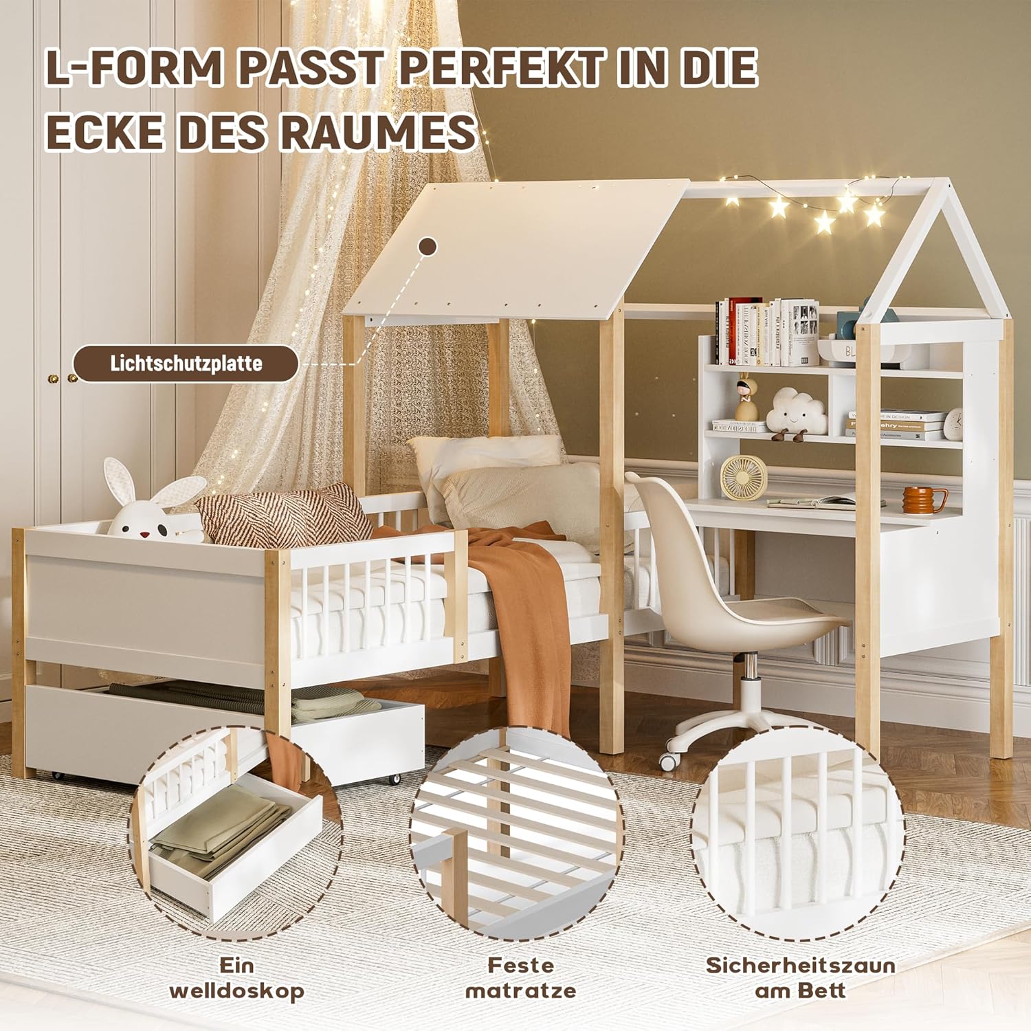 BXEYXE 90 x 200 cm łóżko dziecięce z zabezpieczeniem przed wypadnięciem i stelażem, biurko w kształcie litery L i regał na książki, szuflady na kółkach, wielofunkcyjne łóżko domowe z litego drewna