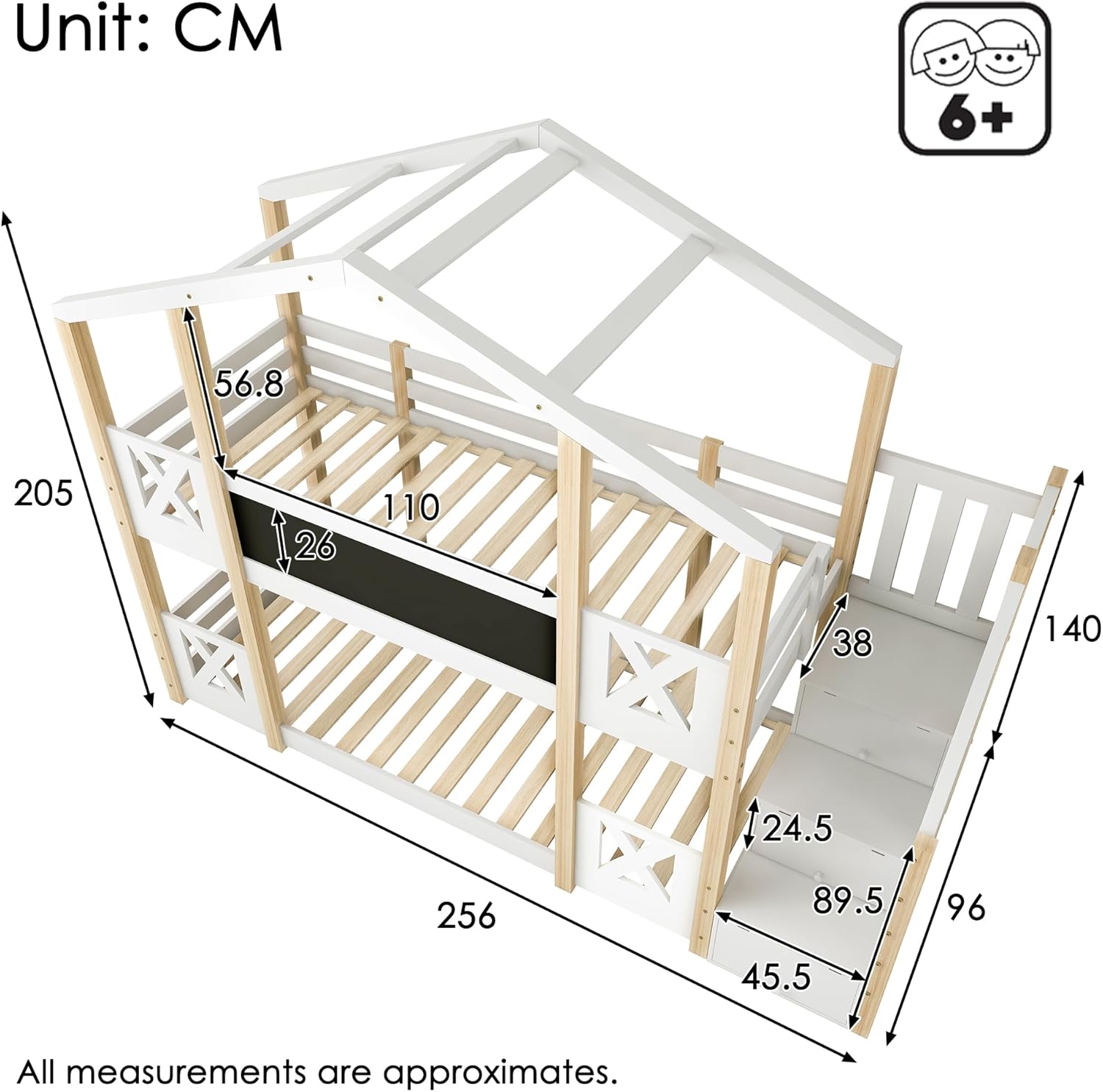 Dolamaní Łóżko domowe 90 x 200 cm ze schodami, łóżko piętrowe 90 x 200 cm, łóżko piętrowe z szufladą i zabezpieczeniem przed wypadnięciem, łóżko pojedyncze dla dzieci, 2 stelaże z listew, kolor
