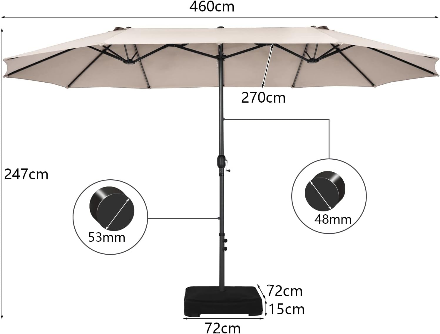 COSTWAY Parasol przeciwsłoneczny, prostokątny, 300 x 300 cm, duży parasol przeciwsłoneczny z korbą, parasol ogrodowy, odchylany o 360°, parasol tarasowy, do ogrodu, na taras, balkon (czarny)