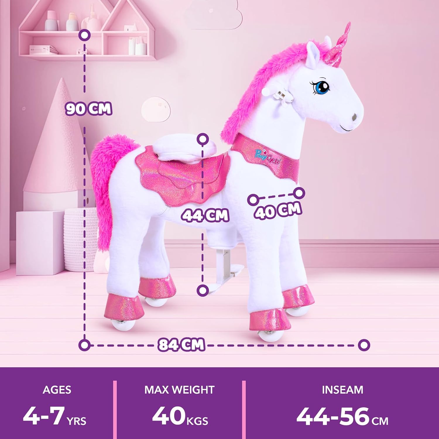 PonyCycle 2023 Nowy Model E Jednorożec do Jazdy na Mechanicznym Chodzącym Jednorożcu z Hamulcem (Fioletowy/Rozmiar 4 dla Dzieci w Wieku 4-8 Lat) Hulajnoga dla Maluchów do Jazdy na Koniu - E413