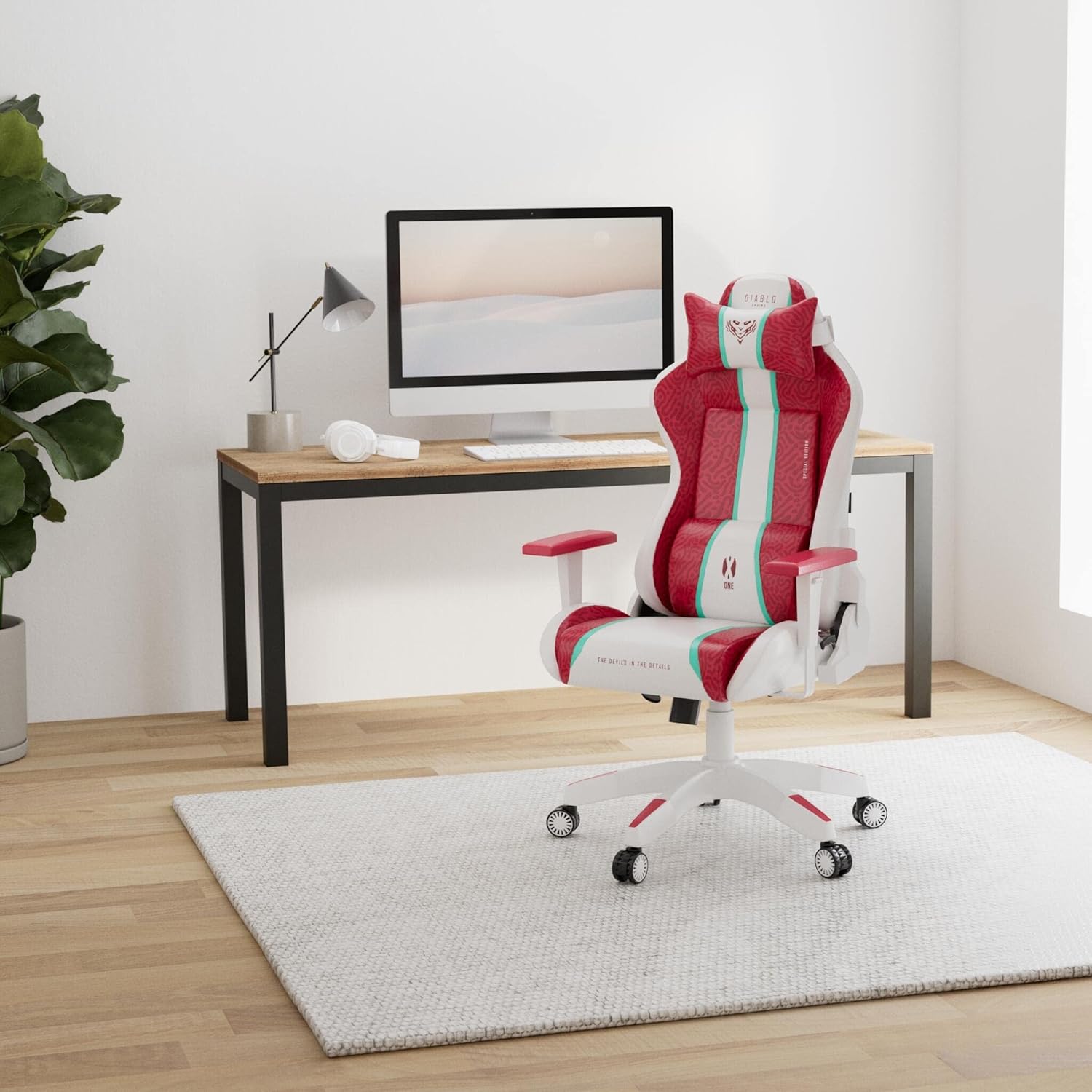 Diablo X-One 2.0 Fotel Gamingowy Krzesło Biurowe Dla Gracza Obrotowy Regulowane Podłokietniki Ekoskóra Ergonomiczny Design Funkcja Bujania Poduszka Pod Kark i Lędźwie (Candy Rose, Normal)