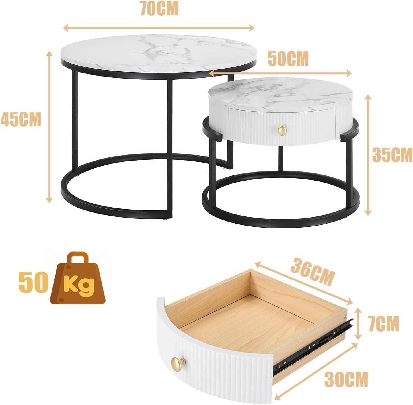 Ginhow Stolik kawowy, okrągły, biały i złoty, 2-częściowy zestaw, stolik kawowy o wyglądzie marmuru, okrągły stolik kawowy z 1 szufladą, nowoczesny stolik pomocniczy, złoty, okrągły, Ø 70 x wys. 45
