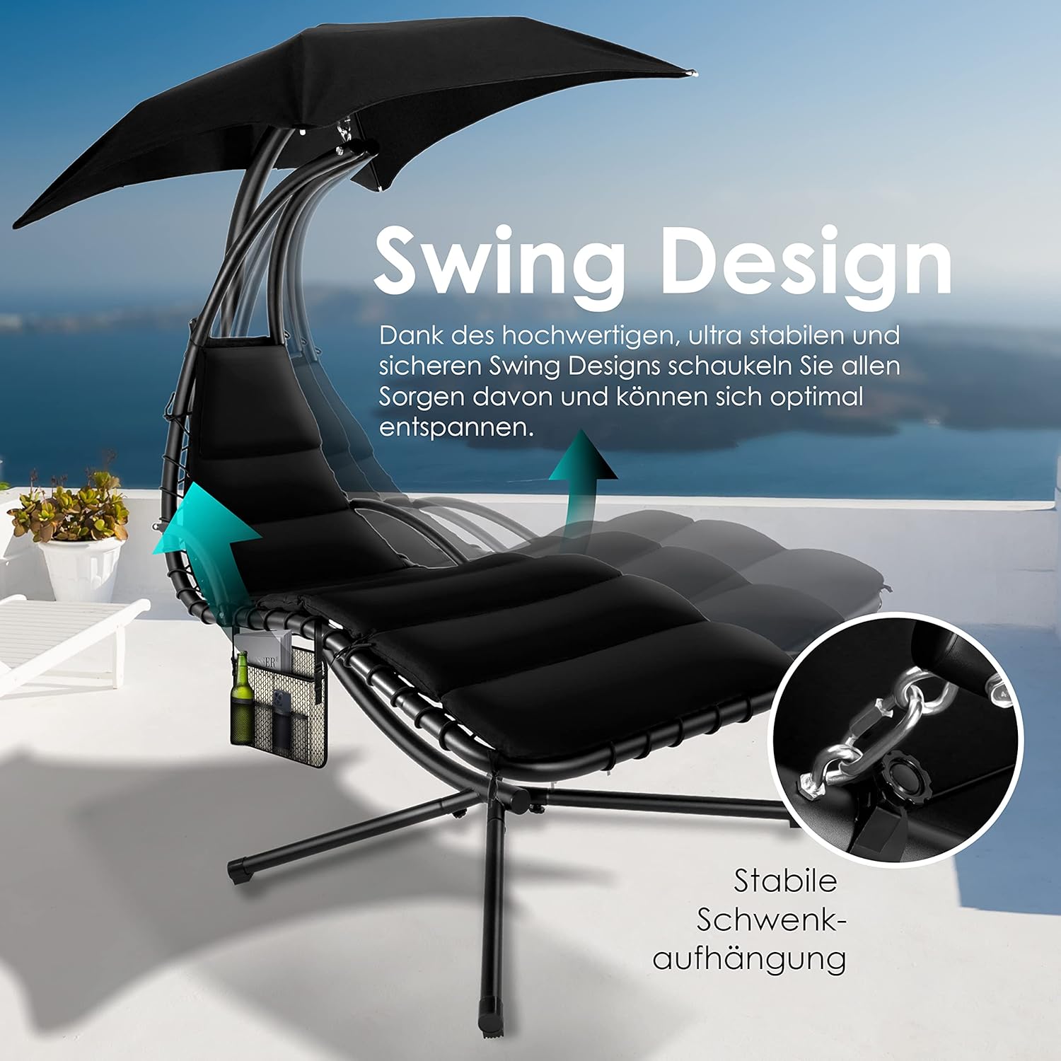 KESSER® Leżak wiszący z parasolem przeciwsłonecznym, wys. 200, dł. 194, szer. 100 cm, leżak relaksacyjny, hamak, obciążenie do 120 kg, leżanka bujana, poduszka na kark, w zestawie torba, Beżowy