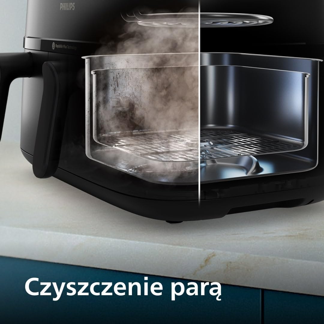 Philips Airfryer 5000 Serii Dual Basket z Technologią Air Steam oraz RapidAir Plus - pojemność 9L, 19 sposobów gotowania, 90% mniej tłuszczu, 2 kosze, czyszczenie parą, akcesoria (NA550/00)